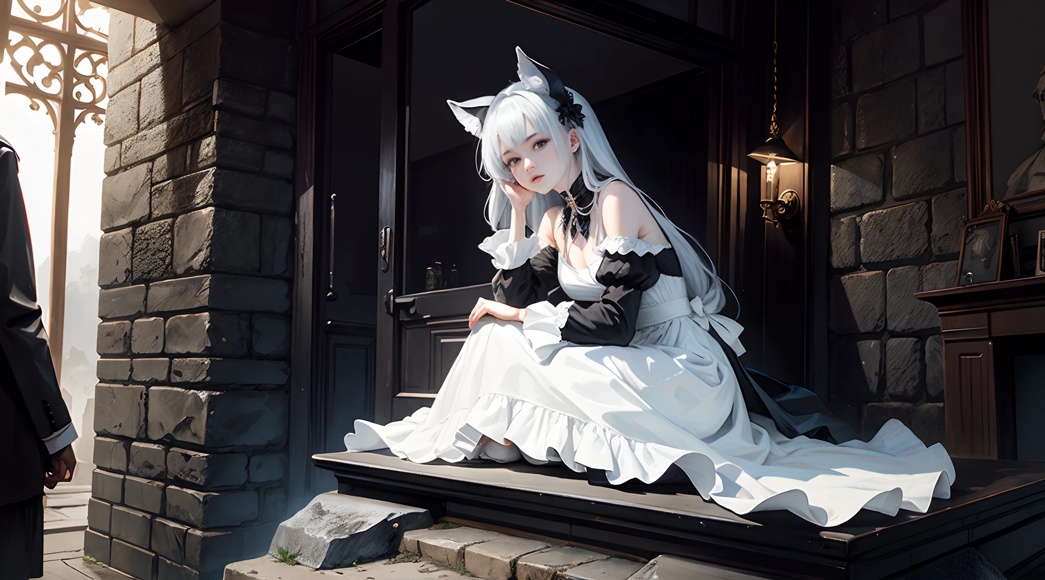 Night falls,rays of moonlight,Desolate place outside a town,There is a huge stone chair on the rocky hill,The chair is carved with strange patterns and text,A girl sits on a huge chair,Wear off-the-shoulder attire,Colorful dress long dress,Holding Erlang's legs,Look up slightly,One hand against the chin,Look down contemptuously,Next to the chair stood the monster servant,From below,Super detail, Textured skin, High quality, Best quality, A high resolution, High details,realcumAI,realisticlying,realskin