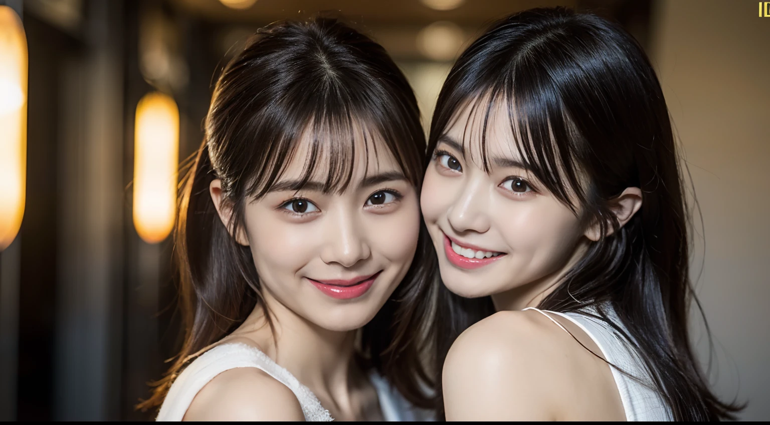 highest quality, masterpiece, ultra high resolution, (realistic:1.4), Raw photo, ultra detail,
late at night, ((two girls, Members of two popular Japanese idol groups having a great time on a tropical beach, completely drunk, each looked at each other, laughing out loud)), Wearing a colorful and gorgeous thrilling shot swimsuit, (dynamic pose:1.3),
They have very cute faces like famous Japanese idols., All amazingly beautiful big black solid circle eyes, all beautiful shoulders, (all super big tits), All beautiful valleys, All beautiful bodies,
All the detailed aspects, All the detailed eyes, All detailed hair, All detailed shoulders, All Detailed Breasts, All detailed cleavage, All Detailed Bodies