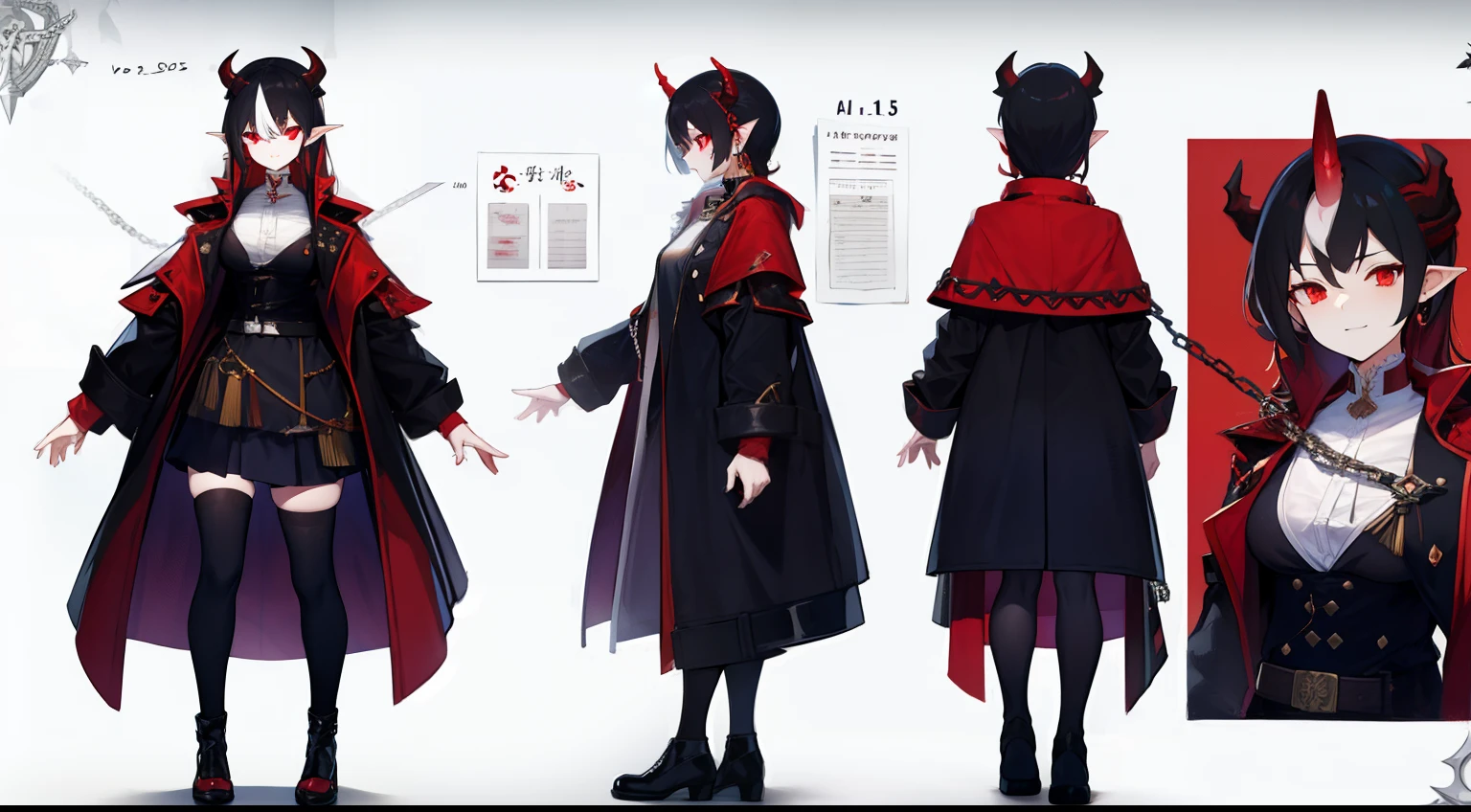tmasterpiece，Need，1 Female demon，A high resolution，bleeding from the corners of her mouth，hoang lap，Fang，tiny horns，Collar，large chain，Black all over，Oversized military coat，（ultradetailed：1.1025），（illustratio：1.1025），（infography：1.1025），Patent drawings，Physical measurement，（All clothing requirements：1.1025），papelaria， （独奏：1.1025），standing on your feet，Have a cohesive background，5 fingers in the hand，fittings：Red rope chain，character sheets，black in color, blanche, Red tones