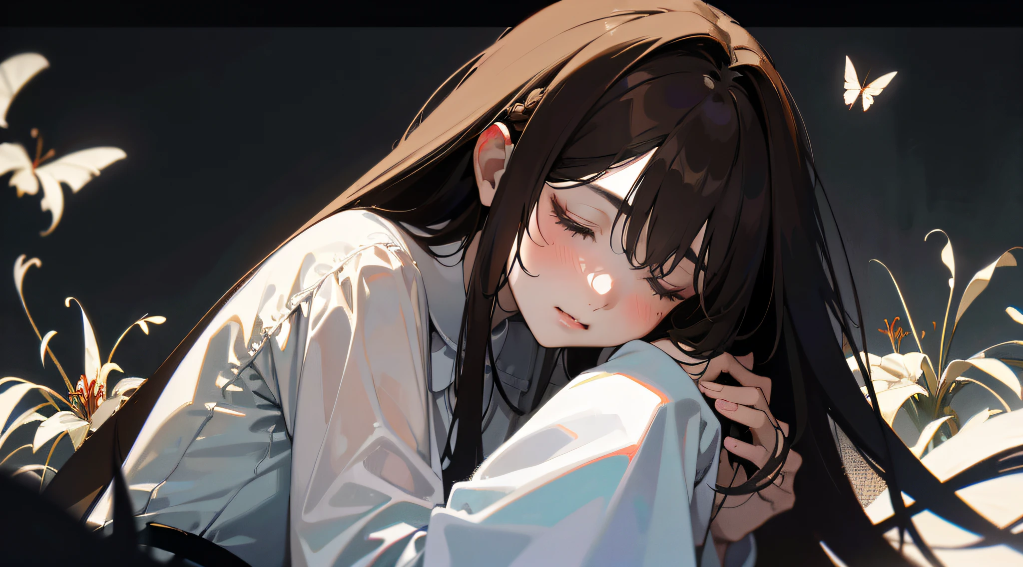(masterpiece, best quality:1.2), 8k, official art, absurdres, HDR, facelight, ultra realistic, highres, photography, film grain, chromatic aberration, sharp focus, dynamic lighting, cinematic lighting, professional shadow, dark shadow, highest detailed, extreme detailed, ultra detailed, finely detail, real skin, delicate facial features, detailed face and eyes, 2 woman leaning at each other (1 woman wearing white clothing, 1 woman wearing black clothing), red spider lilies, spider lilies flower, very long hair, chest length hair, fully braided hair, (1 woman with brown hair, 1 woman with black hair), closed eyes, long shot