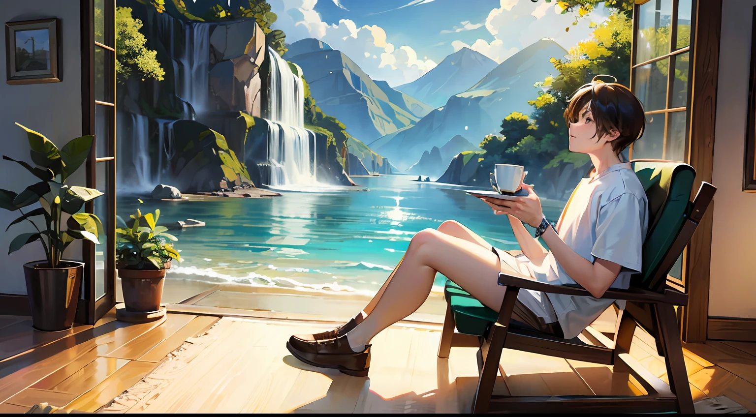 /Imagination tip: Illustration of a guy sitting on a chair next to a cup of coffee, relaxing at the weekend watching the natural scenery: :3, :5, golden ratio: :3, full-length shot: :10, Unreal Engine: :15,