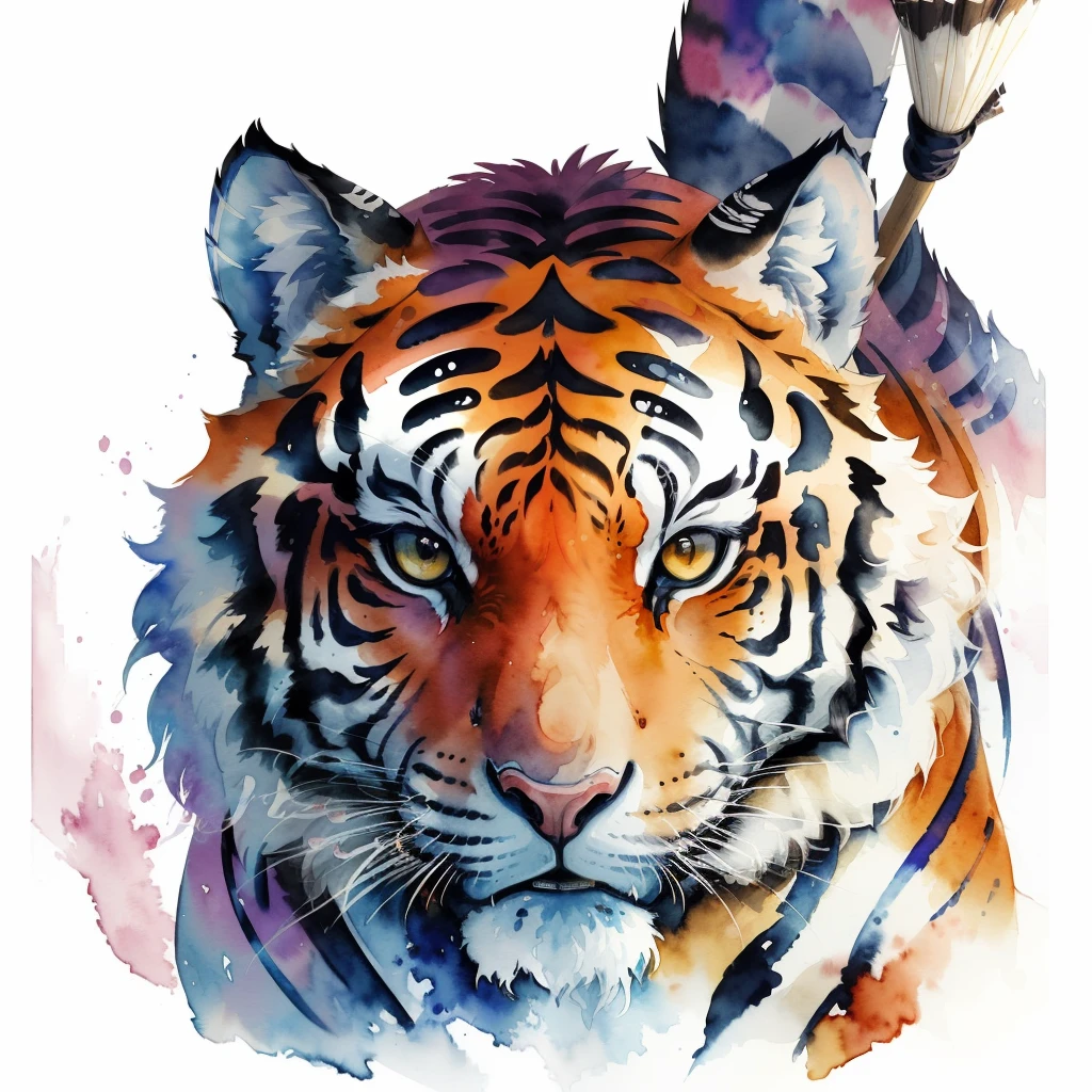 aquarelle，Beautiful form，Tiger head，frontage，Fierce expression，swoop，(Masterpiece),(Best quality:1.1),(Ultra-detailed),Best Illustration,finedetail,(watercolor paiting：1.4),(handpainted：1.2),(Watercolor brush bristles),