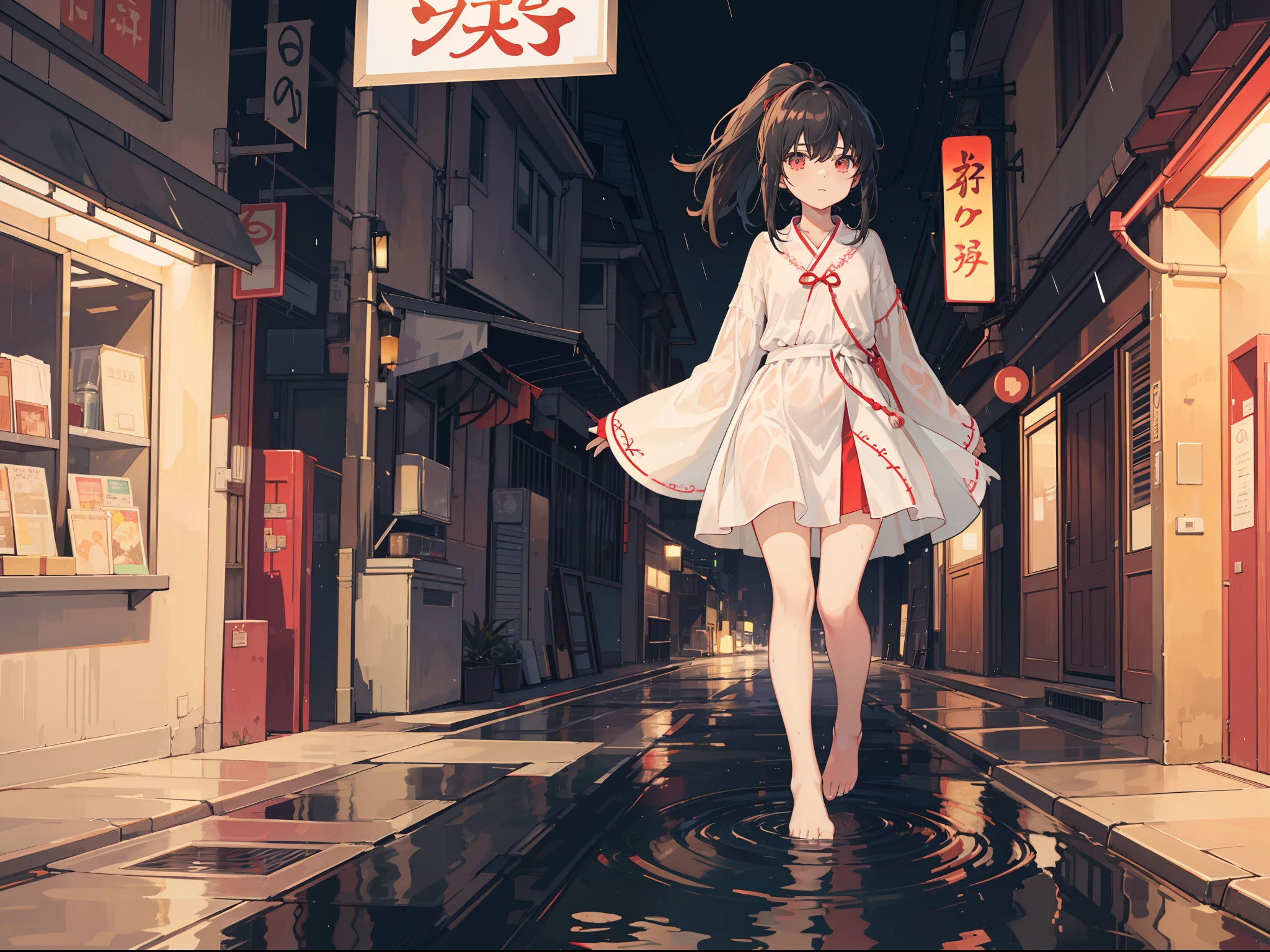 deep in the night,little bit of raining,s girl,The expression is shy,Black hair with high ponytail,Wear white and red Taoist clothing,Comfortable robe sleeves,Clothes hang down to the ankles,Loose collar,The placket is inlaid with delicate embroidery or patterns,Clothes are torn and torn,clothes wet,Fit snugly to the body,Barefoot,The front foot is raised to expose the soles of the feet,The girl walks the street at night,Walk lightly,Every step brings ripples,Puddles reflect the soles of your bare feet,The streets are shrouded in silence and silence。Street lights emit a soft yellow or white glow,Cast warm light and shadow in the dark。The buildings lining the streets stand quietly,There was a faint light outside the window,Reflected in the street