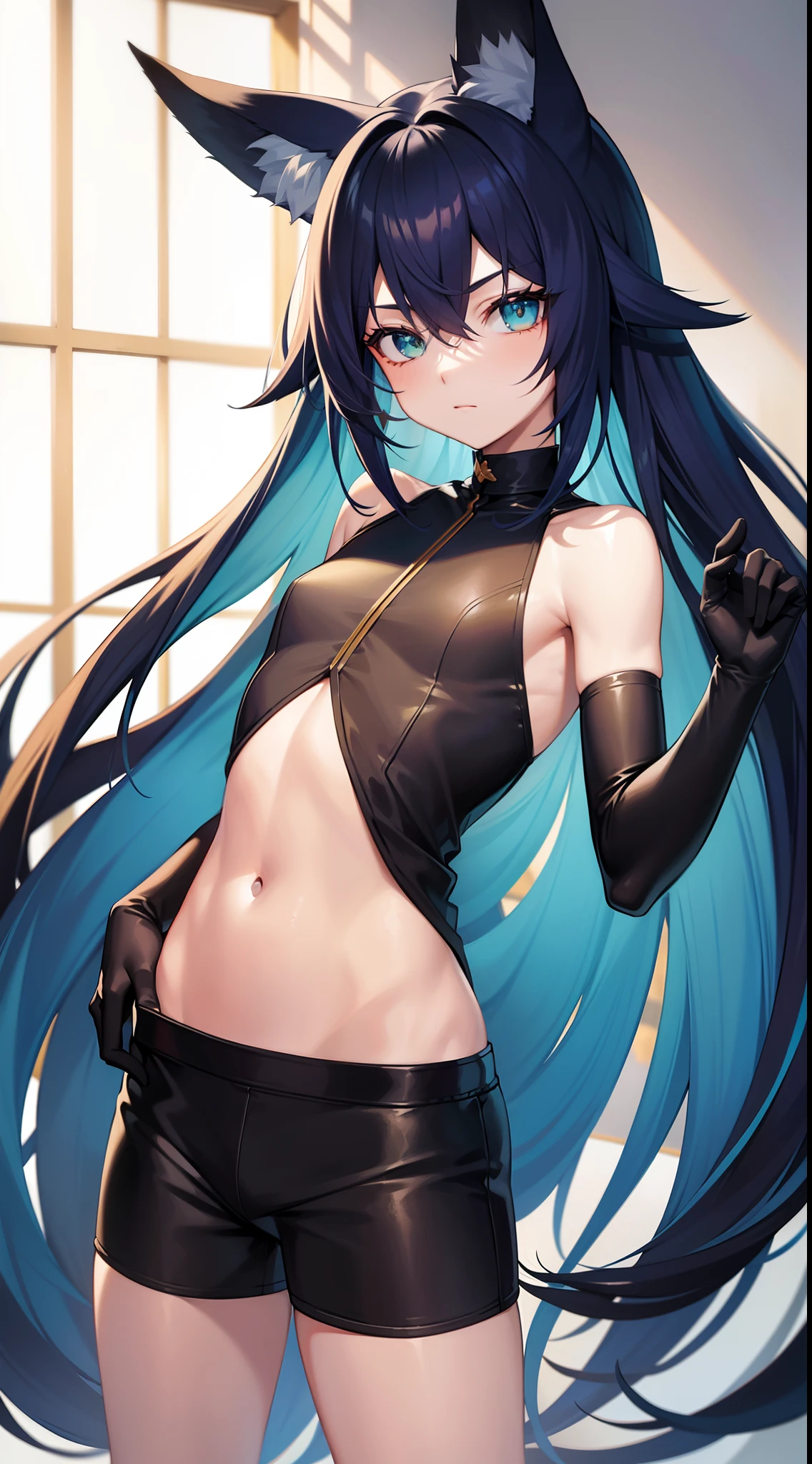 young boy, long blue hair, Fox ears, Green eyes, black skintight clothes, Shorts, open belly, Masterpiece, hiquality