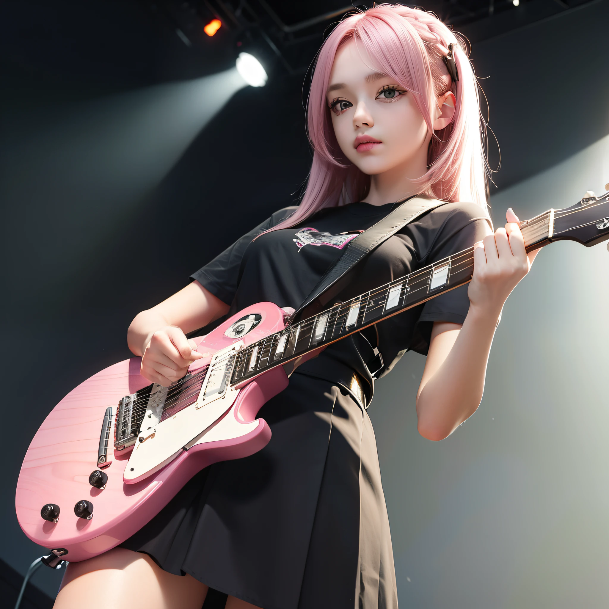 Girl Playing Guitar, Guitar is a black Les Paul,  girl, Hair color is pink, Hair length is straight to the waist, Flared skirt is gray above the knee