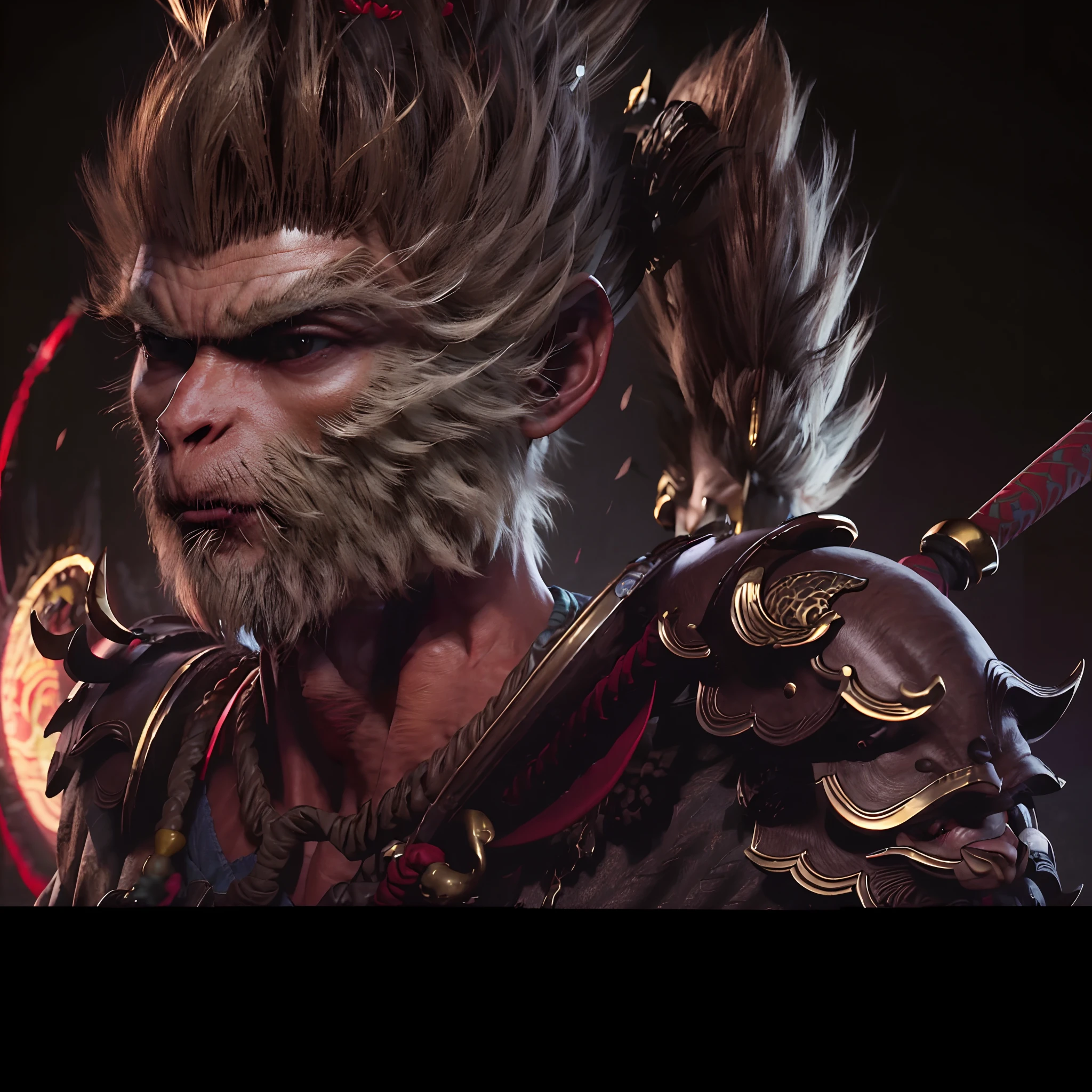 8K, Super detail, ccurate, Best quality, Masterpiece, Super detail, High details, High quality, Best quality, A high resolution，golden armour，(Red glowing eyes)，Wukong，Battle maniacs， Wrapped in flames，Falling snow，winter，Bust