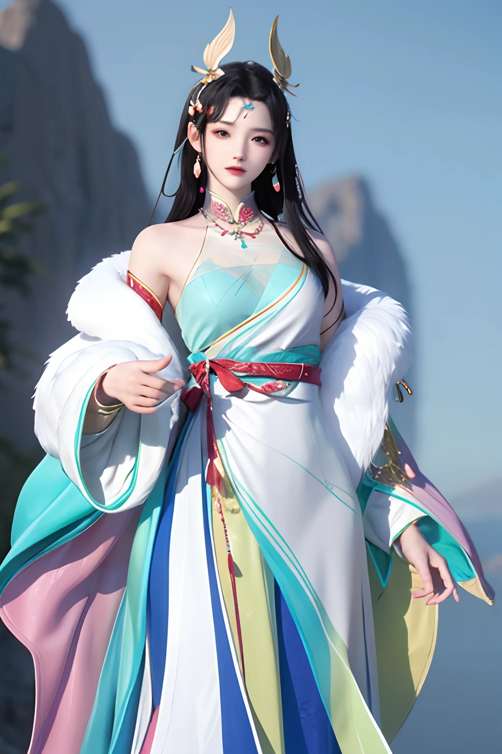 (best qualtiy,tmasterpiece:1.2),超高分辨率,realisticlying,Front lighting,Complicated details,Exquisitedetailsandtextures,(1girll),独奏,standing on your feet,The upper part of the body,a beauty girl,Tibetan clothing,Colorful costumes, Fleece collar, Padded collar,High-end Tibetan clothing,Cumbersome Tibetan costume design,Warm clothing,Winter clothing,Appearance Yang Chaoran,Rounded face shape,Gorgeous Tibetan costumes,Cumbersome Tibetan necklace,Cumbersome Tibetan headdress,Colored headband,Live-action CG,Sweet style,Film wind,high definition 4k,Photography effects,Studio effect,White glow,Mythical wind,Snowfield background,Role core,Picture ratio 16:9,The mask is fresh。