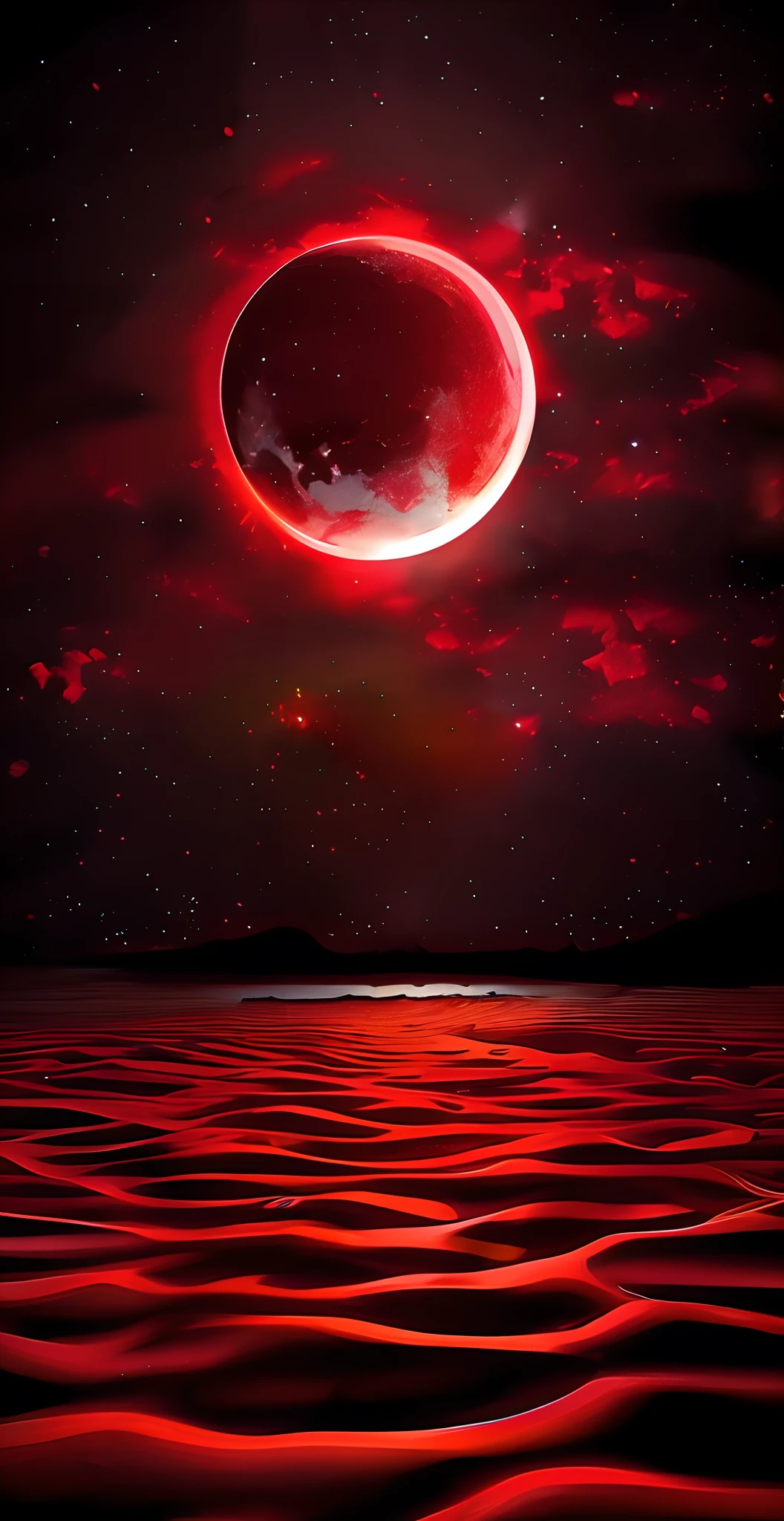 "Obra maestra surrealista. calidad excepcional. detalles sorprendentes. Surreal CG rendering of a dark red moon rising above a tranquil lake surrounded by red clouds, autoiluminado, Large area of clouds and fog in luminous tones, celestial lighting, Cosmic illumination, Experience the fusion of abstract and realistic elements. Colores vibrantes y contrastantes. Mysterious atmosphere. Surrealist technique in the representation of objects and figures. Organic textures and shapes. Dreamlike inspiration. Surprising composition and perspective. Adentrarse en un mundo surrealista lleno de sorpresas y emociones."