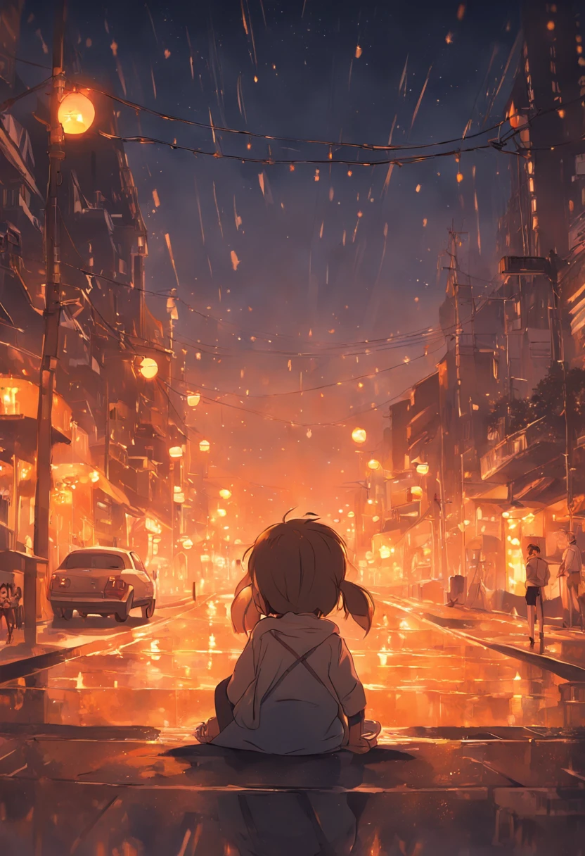 In the style of Makoto Shinkai, super fine illustration, best quality, From the rear seat window of a car, the glow of orange streetlights can be seen. Inside, a child lying down gazes at the orange streetlights. The warm and nostalgic ambiance of the orange lights against the backdrop of the night captivates the child's attention.