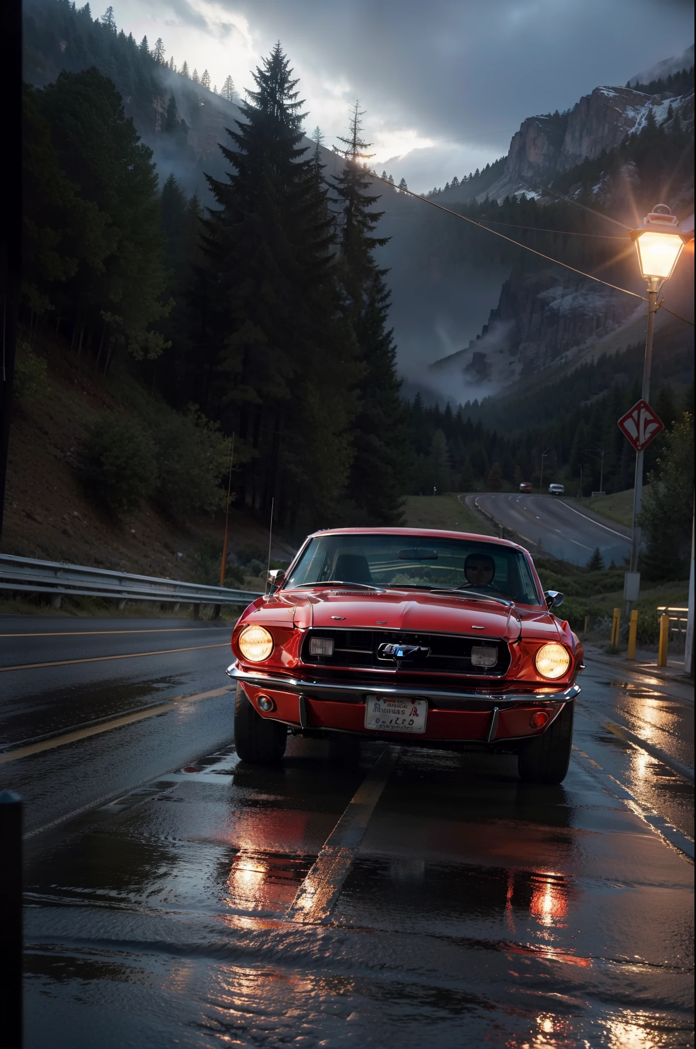 8K、High-quality photos、One Red 1967 Ford Mustang 289 Convertible、Convertible with open roof、A forward-facing car is parked in the middle of the road、At the mountain pass at night、Reflection on rain-soaked ground、35mm lens、low angles、Cinematic atmosphere