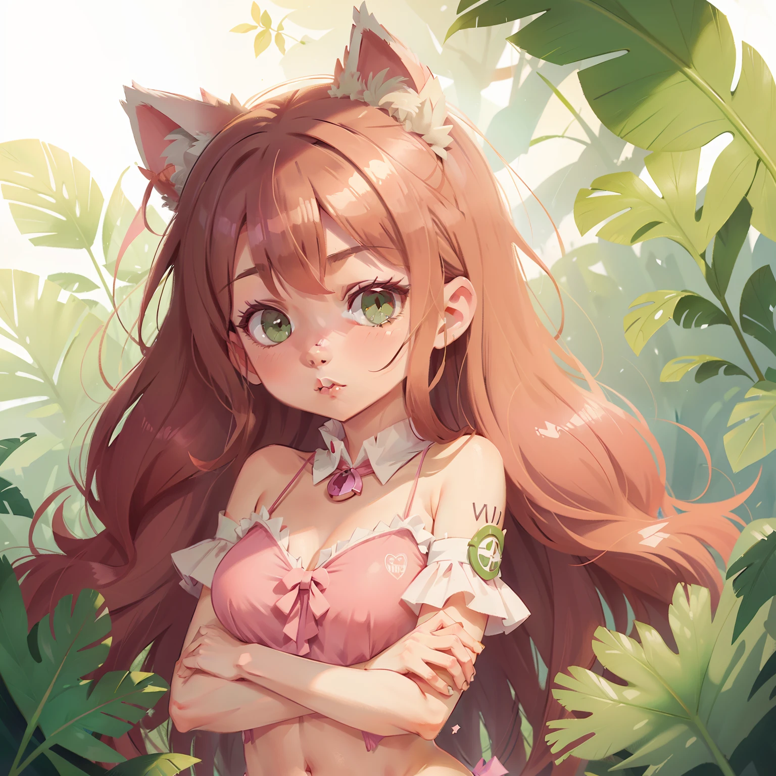 White wolf girl whit green eyes in pink outfit whit brown hair in bikini