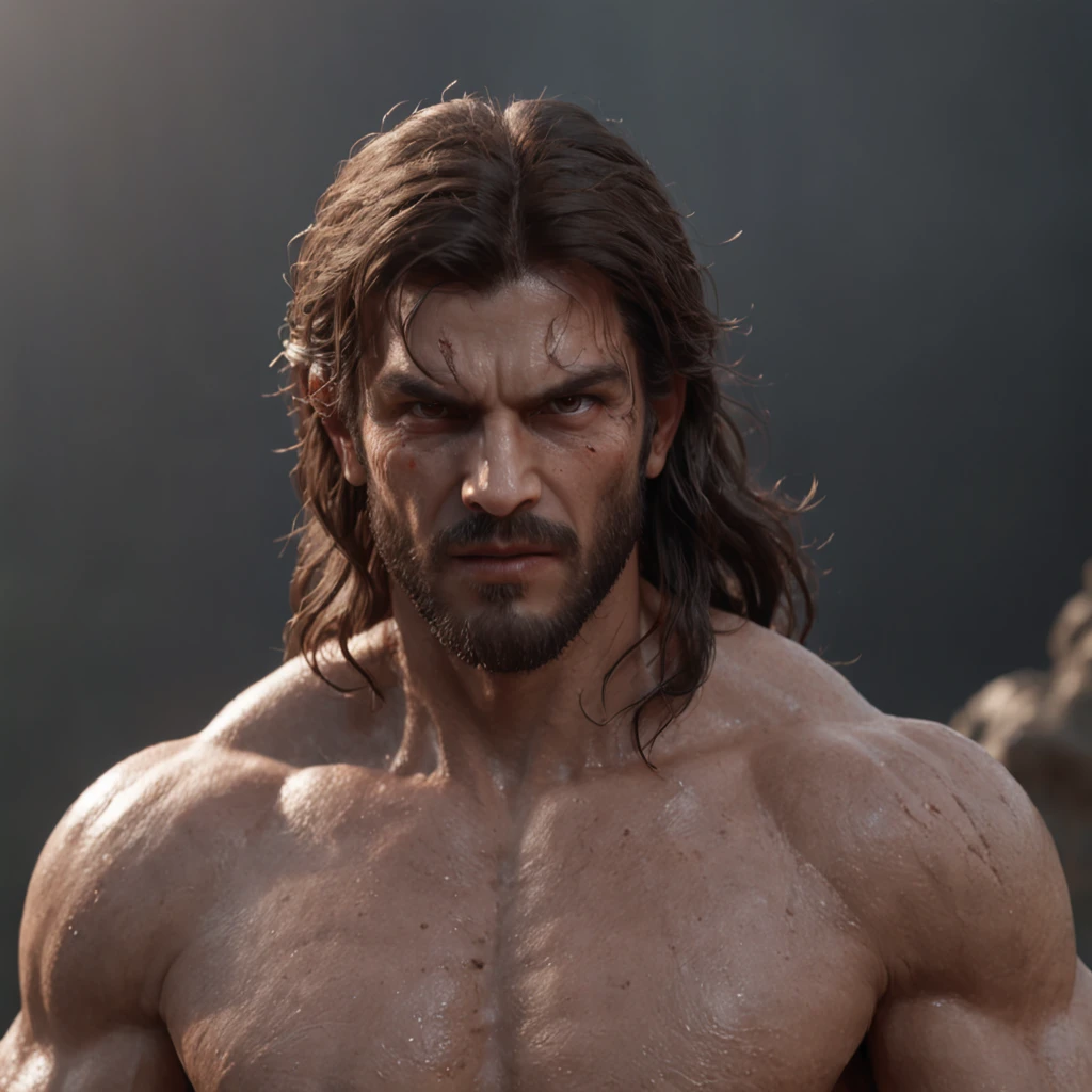 (professional 3d render:1.3) af (Realistic:1.3) most beautiful artwork photo in the world，Features soft and shiny male heroes, ((Epic hero fantasy muscle man rough wet hero angry look long hair short beard and ferocious expression in dynamic pose, Fantastic location, Majestic cluttered environment)), full body 8k unity render, action  shot, skin pore, very dark lighting, heavyshading, Detailed, Detailed face, (vibrant, photograph realistic, Realistic, Dramatic, Dark, Sharp focus, 8K), (Old leather garments damaged by weathering:1.4), ((((Wear fur)))), (Intricate:1.4), decadent, (Highly detailed:1.4), Digital painting, rendering by octane, art  stations, concept-art, smooth, Sharp focus, illustration, Art germ, (loish:0.23), wlop ilya kuvshinov, and greg rutkowski and alphonse mucha gracias, (Global illumination, Studio light, volumettic light), heavy rain, particles floating, lotr, fantasy, elf, full bodyesbian, ((Dark and ancient city background:1.3)),CGSesociety,art  stations