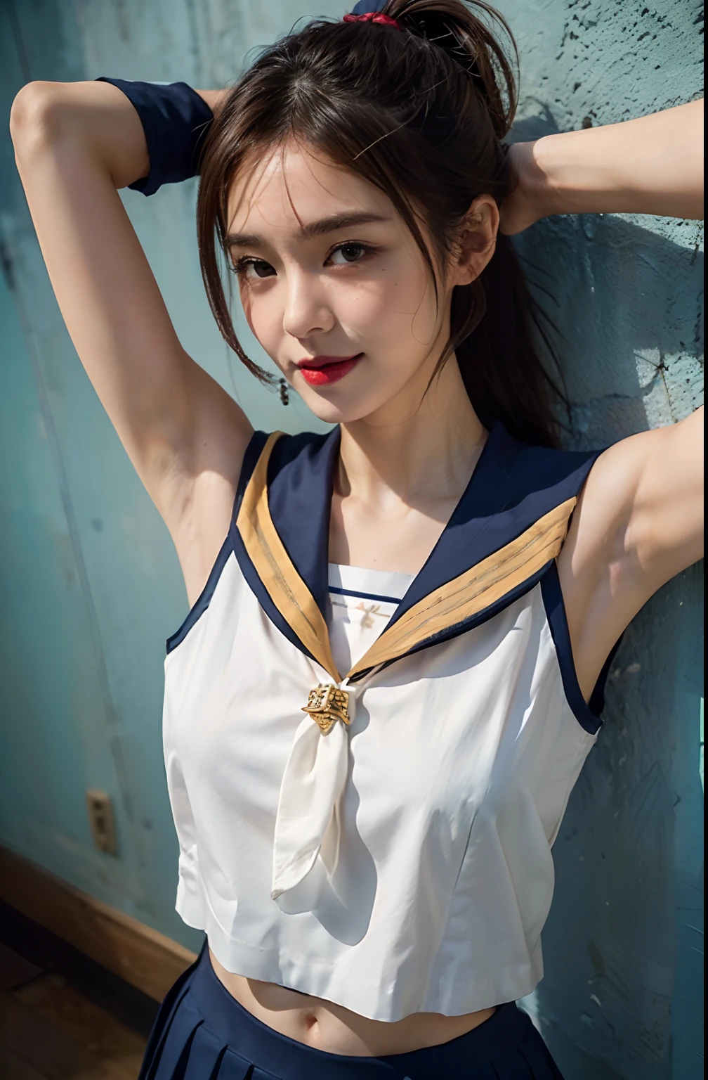 ((Pose with both hands raised to show the left and right armpits、Armpit、We show the armpits in detail、red lipsticks、Oiled shiny armpits,、Glossy shiny armpits with oil in the armpits、Realistic and detailed armpits、Armpits shining with sweat、Ultra-realistic armpit wrinkles、Japanese high school girl、Sleeveless Japan schoolgirl uniform))、Sleeveless High School Girl、Detailed armpit wrinkles、realistic armpit、Bright red lipstick、Photograph the whole body、Full-body figure、Show the armpits、Glossy armpits、Sleeveless sailor suit with visible armpits、red lipsticks、ssmile、high-ponytail Hairstyle)), ((Summer clothes for schoolgirls、Showing off armpits in white sleeveless uniform、独奏、A smile)) 、(photos realistic、Show underarms、Armpits shine), (hight resolution), (8K), (ighly detailed), (Best Live Action), (beatiful detailed eyes), (top-quality), (ultra-detailliert), (masterpiece), (wall-paper), (详细的脸), drooing eyes,perspiring,Your body is shiny with sweat、Armpit,inner colored,独奏,Japanese high school girl、Sleeveless clothing、Sleeveless、Armpit、Red mouth、Raise your hand to show your armpits、Armpit、 (photos realistic), (hight resolution), (8K), (ighly detailed), (Best Live Action), (beatiful detailed eyes), (top-quality), (ultra-detailliert), (masterpiece), (wall-paper), (详细的脸), drooing eyes、Armpit,High Ponytail、inner colored,独奏, Japanese high school girl、((Sailor Suit Sleeveless Uniform:1.4))、 (top-quality、8K、masterpiece:1.3)、Raw photography、realisitic、Photorealsitic、Beautiful legs、acurate、Anatomically correct body