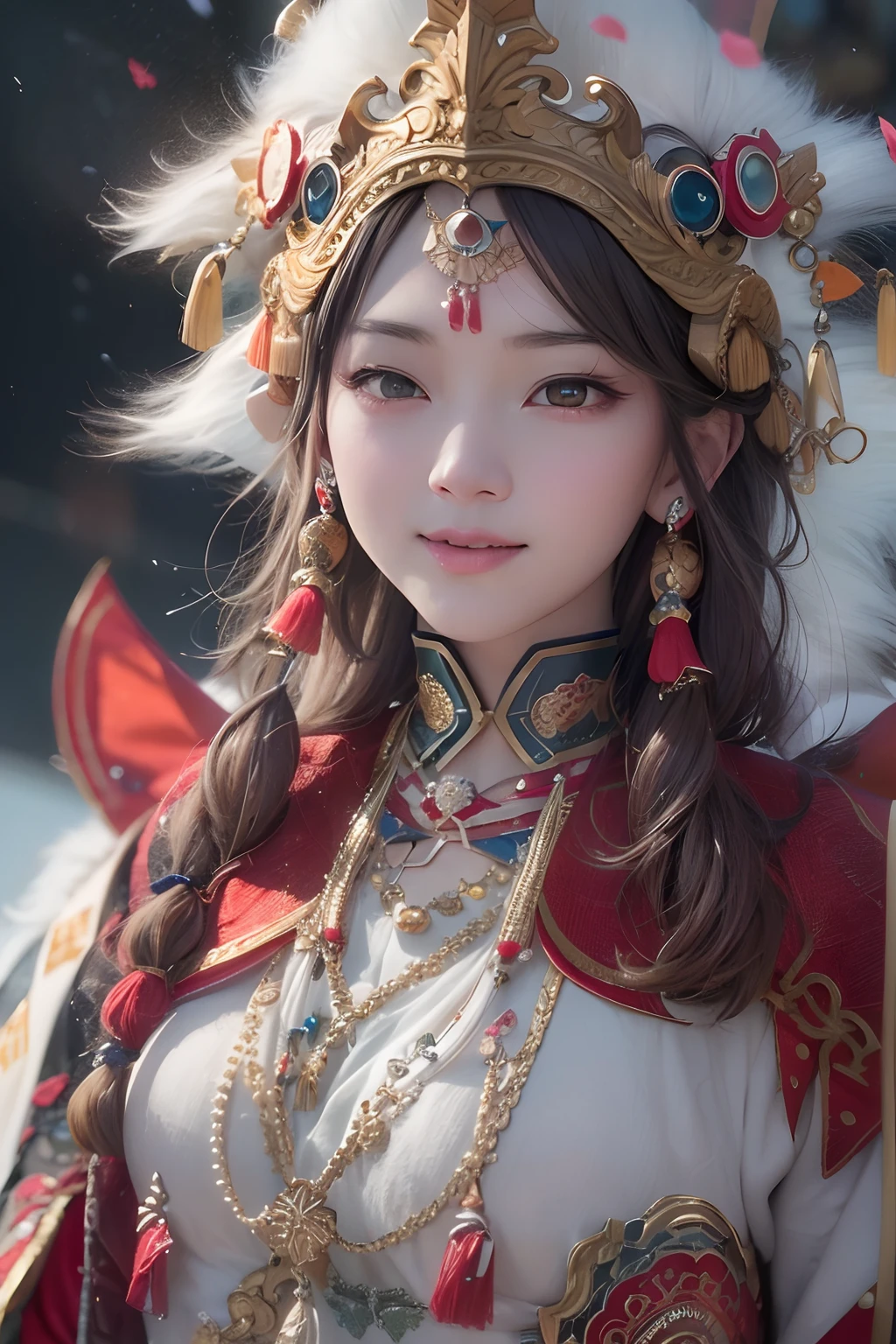 （best qualtiy，tmasterpiece：1.2），超高分辨率，realisticlying，Front lighting，Complicated details，Exquisitedetailsandtextures，（1girll），独奏，standing on your feet，The upper part of the body，a beauty girl，Tibetan clothing，Colorful costumes， Fleece collar， Padded collar，High-end Tibetan clothing，Cumbersome Tibetan costume design，Warm clothing，Winter clothing，Appearance Yang Chaoran，Rounded face shape，Gorgeous Tibetan costumes，Cumbersome Tibetan necklace，Cumbersome Tibetan headdress，Colored headband，Live-action CG，Sweet style，Film wind，high definition 4k，Photography effects，Studio effect，White glow，Mythical wind，Snowfield background，Role core，Picture ratio 16:9，The mask is fresh。