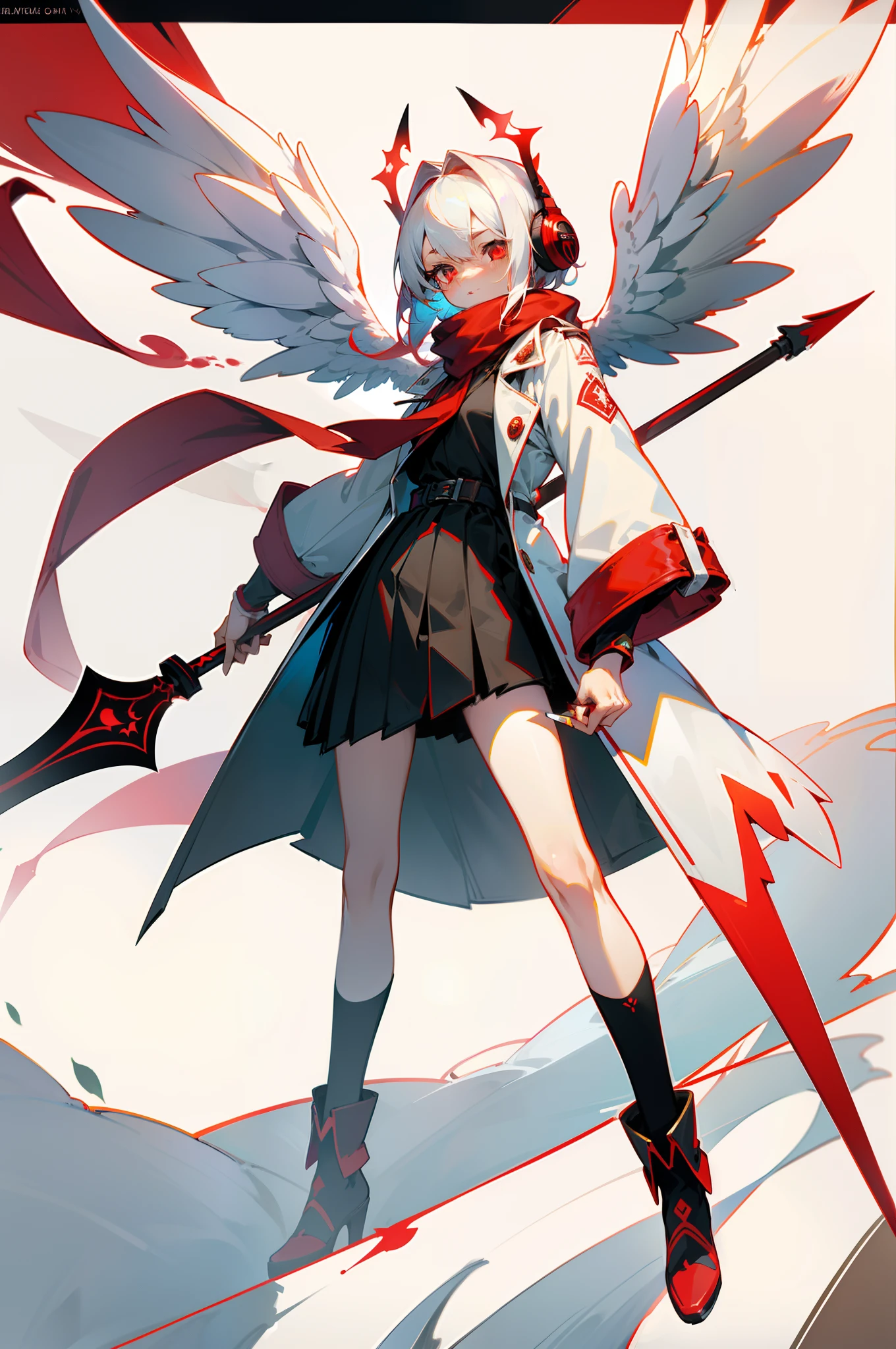 teens girl,White hair,Red glowing eyes, sportrait, photorealestic,Red and white trench coat,Red scarf,black reotard,There are green numbers on it,(cropped shoulders),longer sleeves,Red and white headphones,Multiple pairs of angel wings,Light wings hang around,side-lighting, the wallpaper, NSFW, Depicting female characters from ethereal anime in a high-quality anime art style。vibrant with colors,Colorful background,(((Hold spears in both hands)))
