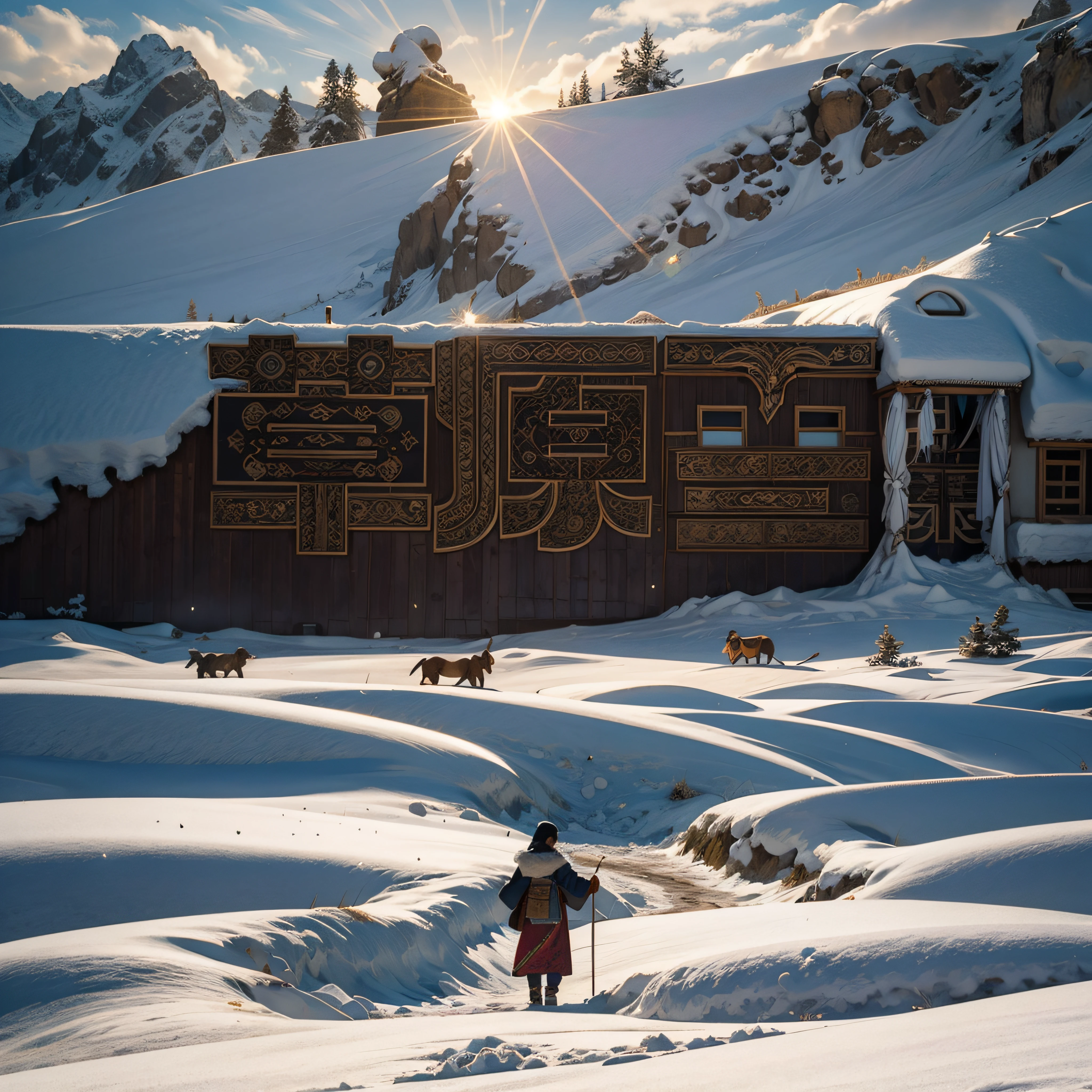 flock,yurts,White snow,Snowy steppe,totem,tmasterpiece,Mongolian architectural motifs,tmasterpiece,Best quality,ultra - detailed。