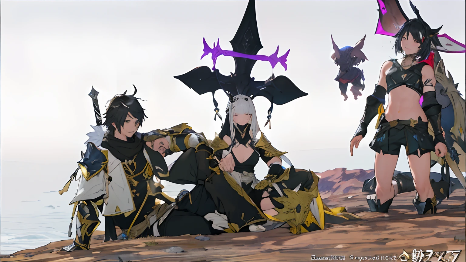 anime characters dressed in black and white pose for a picture, tranding on pxiv, final fantasy 14 style, hidari and vlop, <mmorpgs scene, final fantasy 1 4 screenshot, sakimichan and frank franzzeta, ffxiv, black armor with yellow accents, happy!!!, final fantasy 1 4, final fantasy 14 sharp