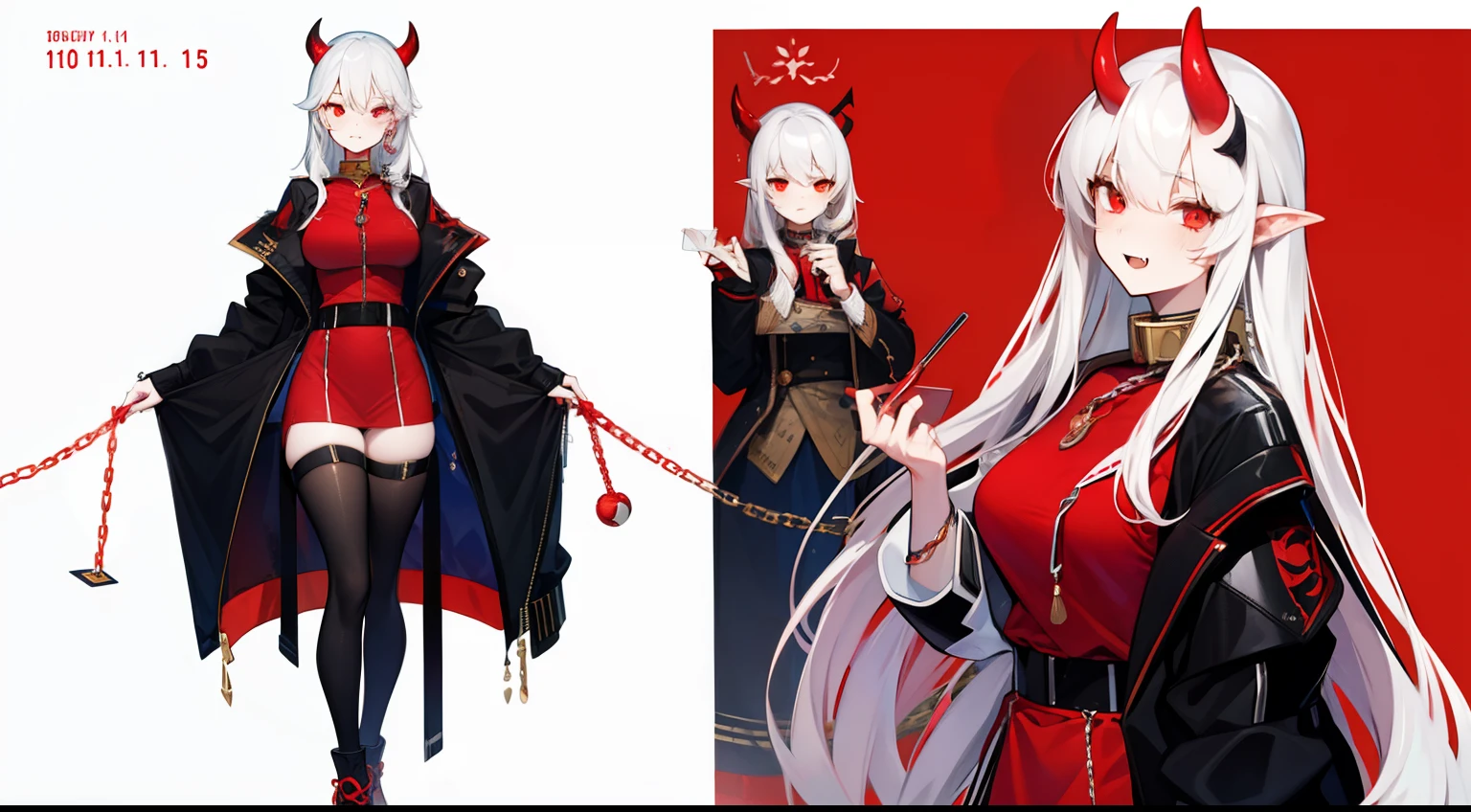 tmasterpiece,Need,1 Female demon,A high resolution,bleeding from the corners of her mouth,hoang lap,Fang,tiny horns,Collar,large chain,Black all over,Oversized baseball uniform jacket,(ultradetailed:1.1025),(illustratio:1.1025),(infography:1.1025),Patent drawings,Physical measurement,(All clothing requirements:1.1025),papelaria, (独奏:1.1025),standing on your feet,Have a cohesive background,5 fingers in the hand,fittings:Red rope chain,character sheets,black in color, blanche, Red tones