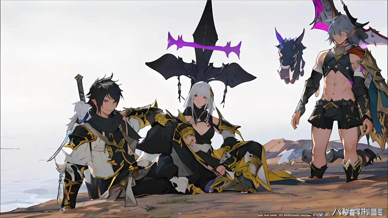 anime characters dressed in black and white pose for a picture, tranding on pxiv, final fantasy 14 style, hidari and vlop, <mmorpgs scene, final fantasy 1 4 screenshot, sakimichan and frank franzzeta, ffxiv, black armor with yellow accents, happy!!!, final fantasy 1 4, final fantasy 14 sharp