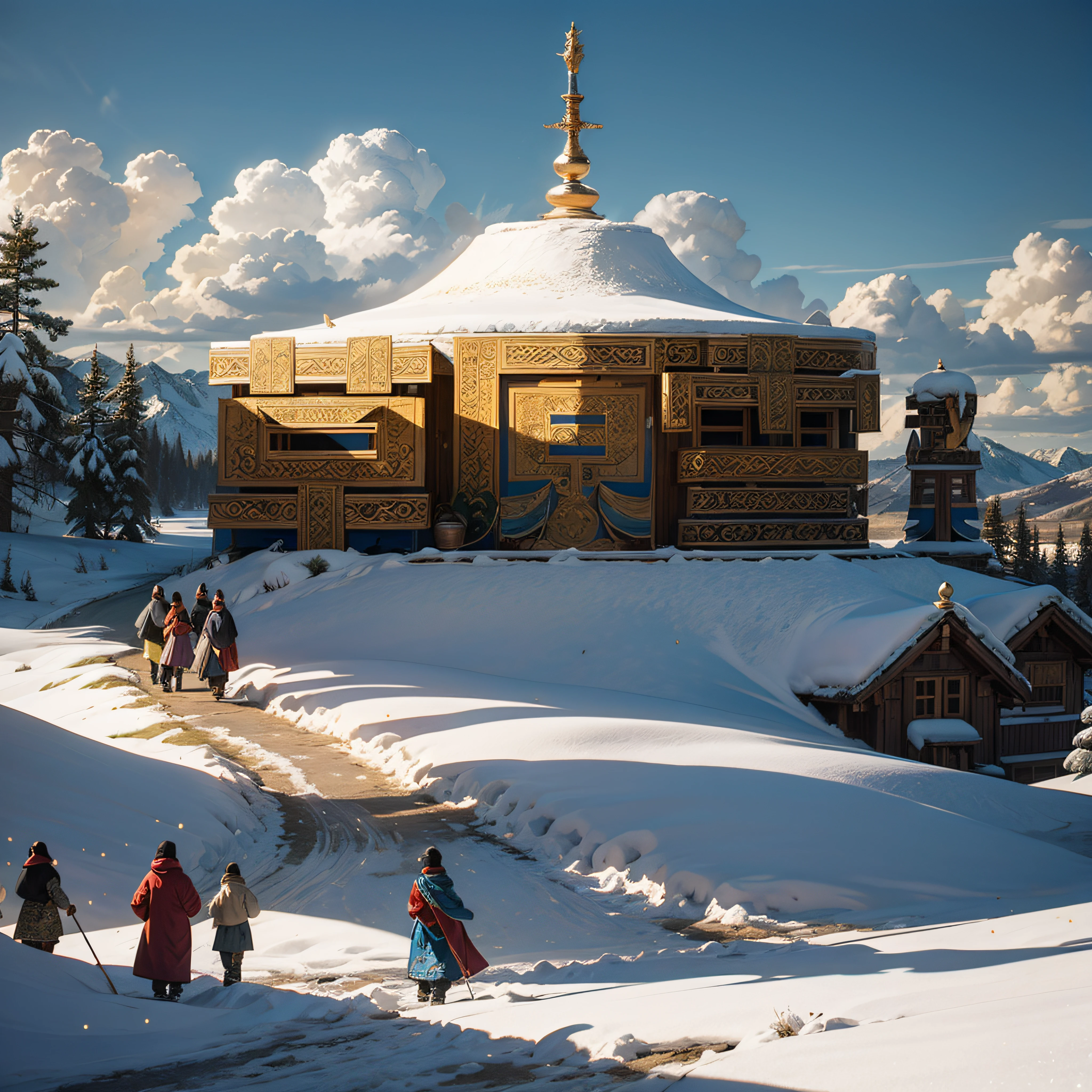 flock，yurts，White snow，Snowy steppe，totem，tmasterpiece，Mongolian architectural motifs，tmasterpiece，Best quality，ultra - detailed。