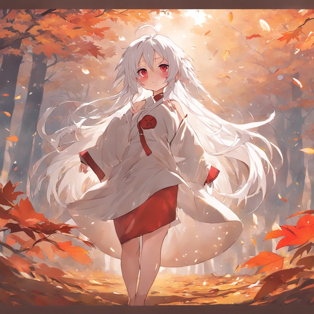 shiny white hair、Neutral face、Red eyes、Rich in color、Beautie、Wearing white clothes、well-styled、小柄、Super beautiful、high-level image quality、4K、8K、Round ears like tanuki are visible、In the wilderness、autumnal、Colored leaves、Full body like、Being under a tree with autumn leaves、The whole body is shown、Beautiful legs、Wearing zori shoes
