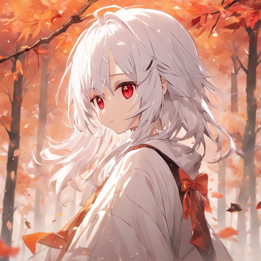 shiny white hair、Neutral face、Red eyes、Rich in color、Beautie、Wearing white clothes、well-styled、小柄、Super beautiful、high-level image quality、4K、8K、Round ears like tanuki are visible、In the wilderness、autumnal、Colored leaves、Full body like、Being under a tree with autumn leaves、The whole body is shown、Beautiful legs、Wearing zori shoes