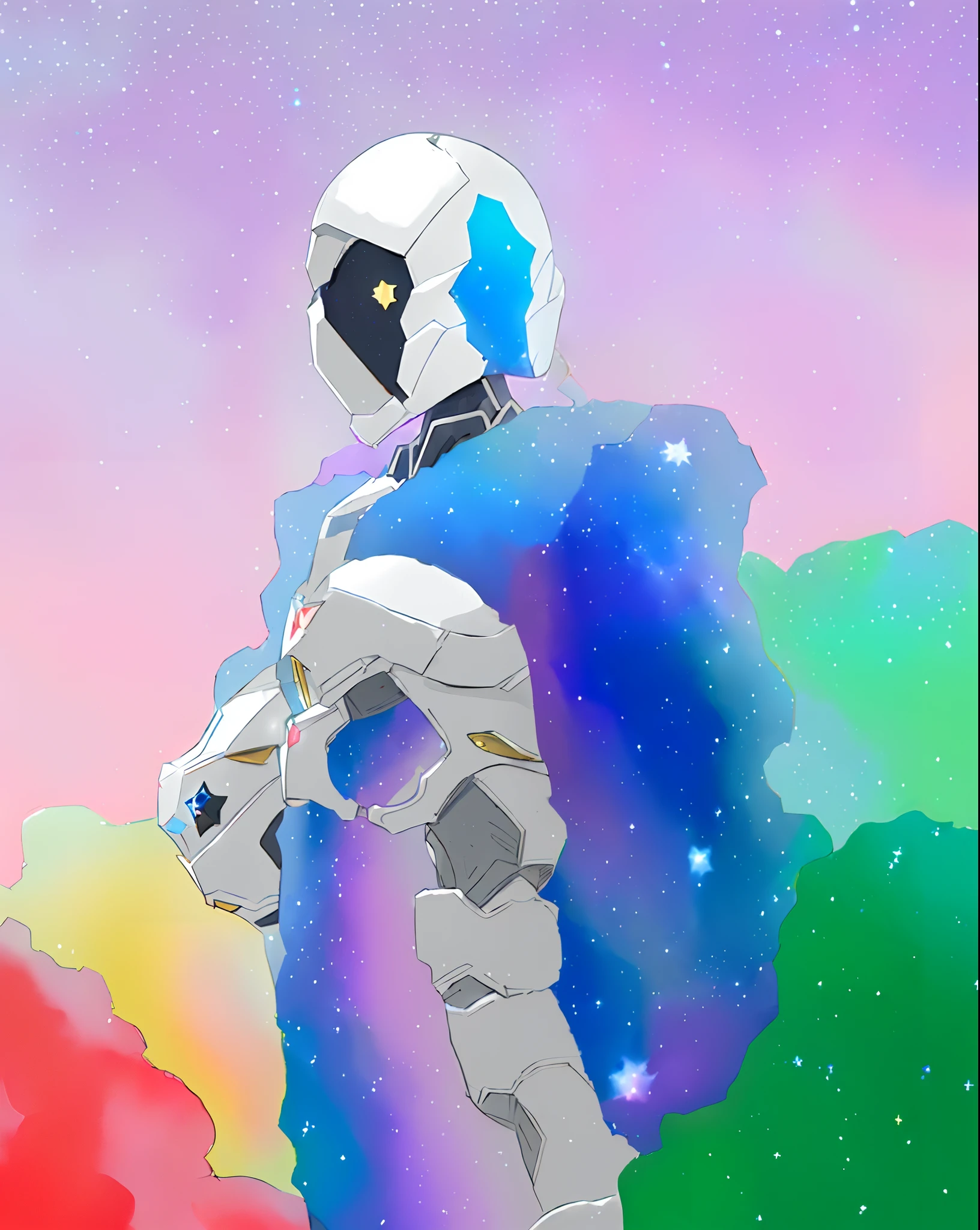 Superhero mecha (faceless:1.5) anime goddess wearing star armor, star boss, blue, white background, red,(black and white:1.5), artwork, (masterpiece:1.3) , (starry:1.3) background, cloudy and misty gradient background