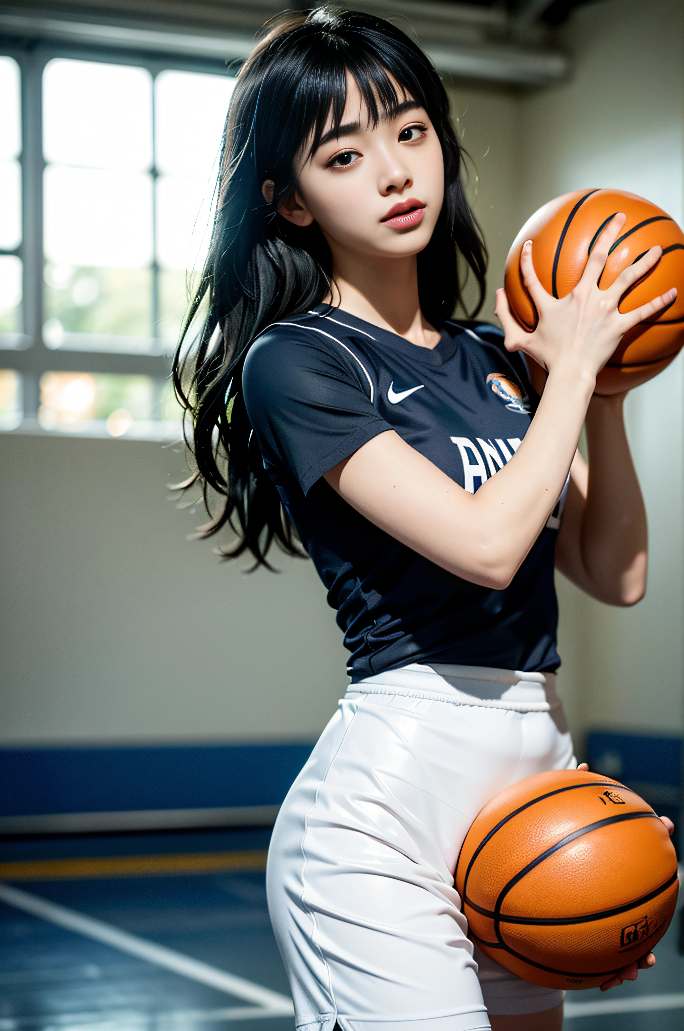 (8K, Best Quality, Masterpiece: 1.2), (Realistic, Realistic: 1.37), Ultra Detailed, Best Quality, Ultra High Resolution, Professional Lighting, Photon Mapping, Teleportion, Physically Based Rendering, Cinematic Lighting, Basketball Court, Depth of Field, Clear Focus, Sunlight, Good Composition, (Bokeh: 1.2) 1girl, solo, (full body), (mouth closed), beautiful and detailed eyes, posture, narrow waist, basketball uniform, black hair, messy hair, long hair fluttering in the wind, ( ulzzang-6500:1.2)