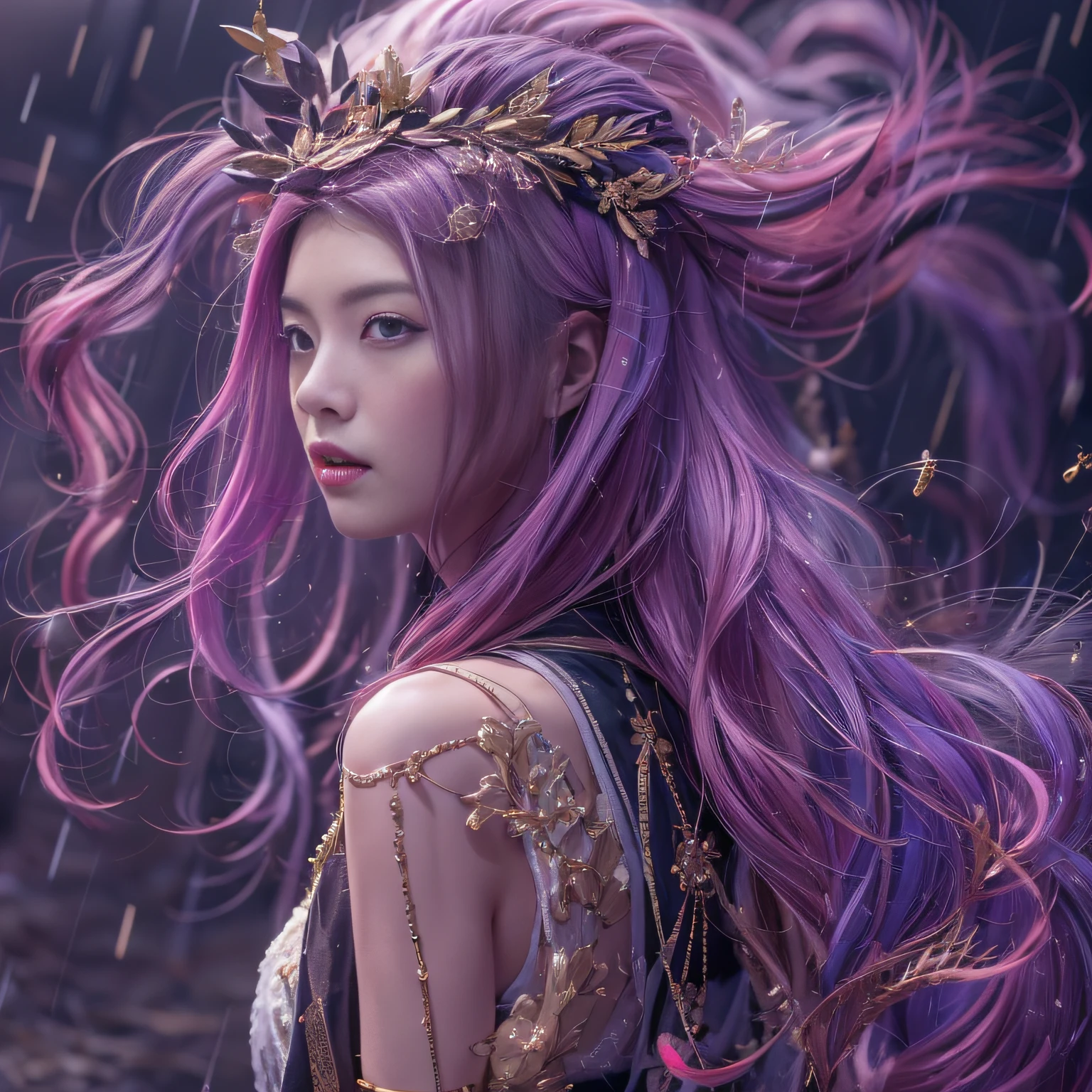 32K(tmasterpiece,k hd,hyper HD,32K)Long flowing purple-pink hair,Autumn pond,zydink, a color, Asian people (Silly girl), (Silk scarf), Combat posture, looking at the ground, long whitr hair, Floating hair, Python headdress, Chinese long-sleeved clothing, (abstract ink splash:1.2), white backgrounid,Lotus protector(realisticlying:1.4),Purple-pink color hair,Smoke and rain,The background is pure, A high resolution, the detail, RAW photogr, Sharp Re, Nikon D850 Film Stock Photo by Jefferies Lee 4 Kodak Portra 400 Camera F1.6 shots, Rich colors, ultra-realistic vivid textures, Dramatic lighting, Unreal Engine Art Station Trend, cinestir 800,Long flowing purple pink hair