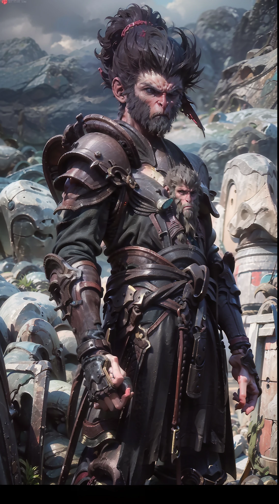 “(0~3 people)(((Best quality))),(((Ultra detailed))),(((Masterpiece))),illustration,Black hair,Angry,Red armor,clouds,Monkey,pontil"