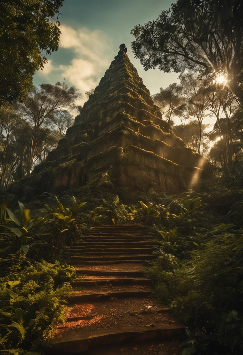 El Dourado, The lost city seen among the trees of a dense forest, uma grande piramide dourada brilhando com a luz do sol, fotografia realista.