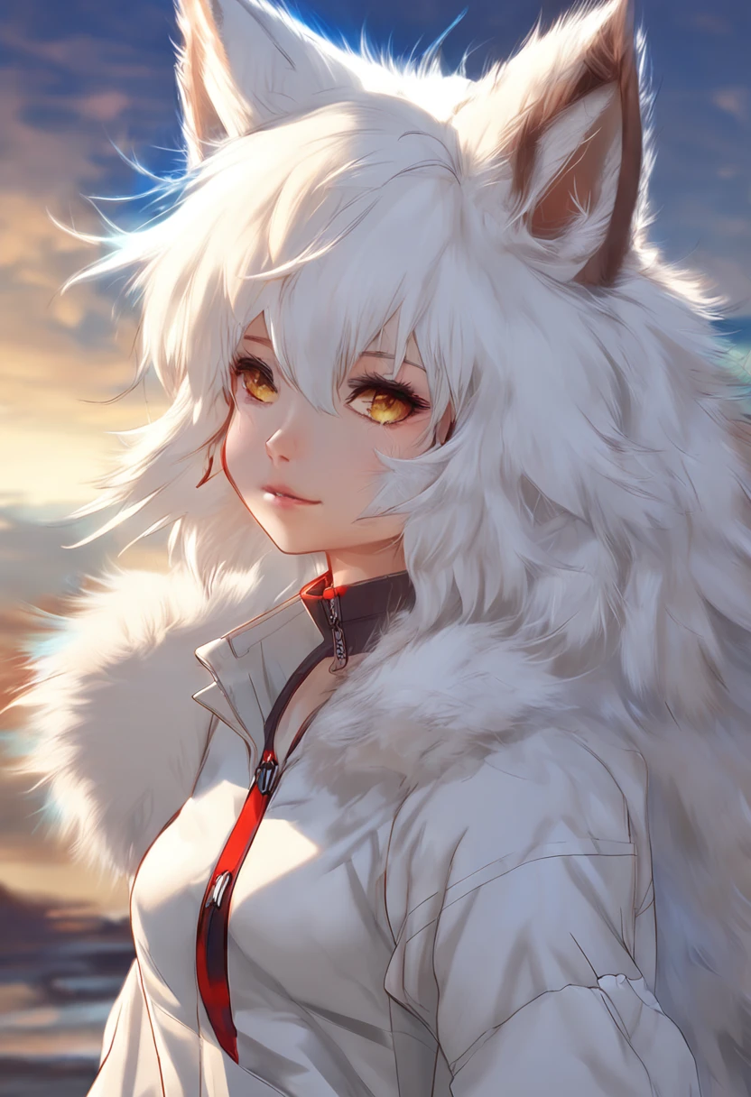 eyes with brightness, in a panoramic view, Character focus.(detailedbackground:0.7), 独奏, shaggy, Furry female, female focus, anthr,(Full Body Furry, Fluffy tail, White fur, Blue-yellow eyes, white color hair:1.2), (long canines、red fox、围巾：1.2），（external、In the daytime、sandbeach、the sea）