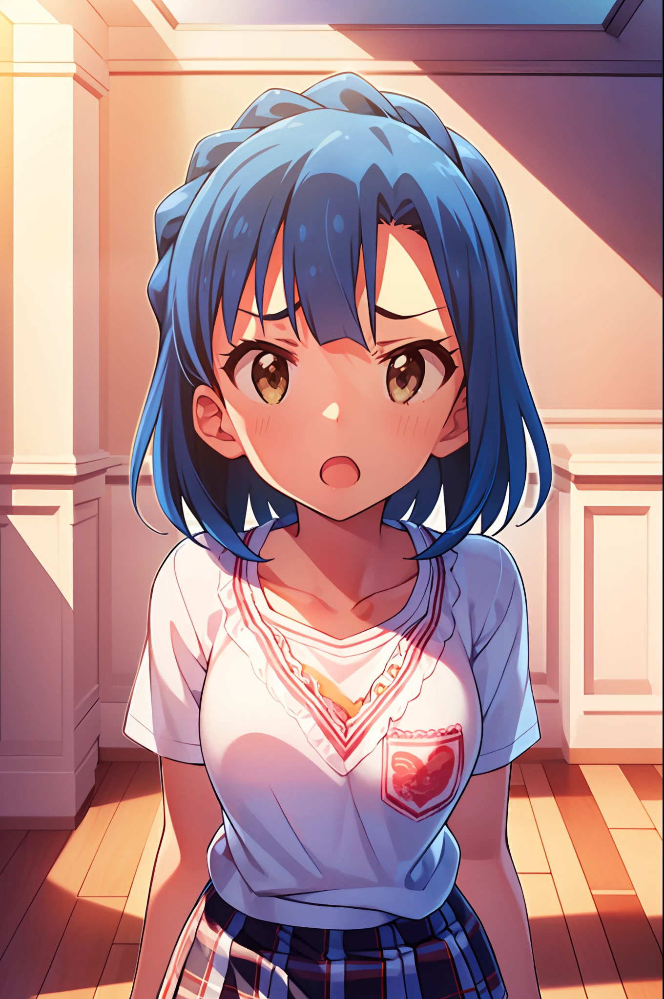 yuriko nanao (million live). Short stature. (((white t-shirts))).(((Skirt))).(((masterpiece))).(((best quality))).((Ultra-detailed))).(((illustratio))).(((a room))).(((up chest))).((Despair face)).((short-hair)).((big breasts)).((Opening Mouth)).