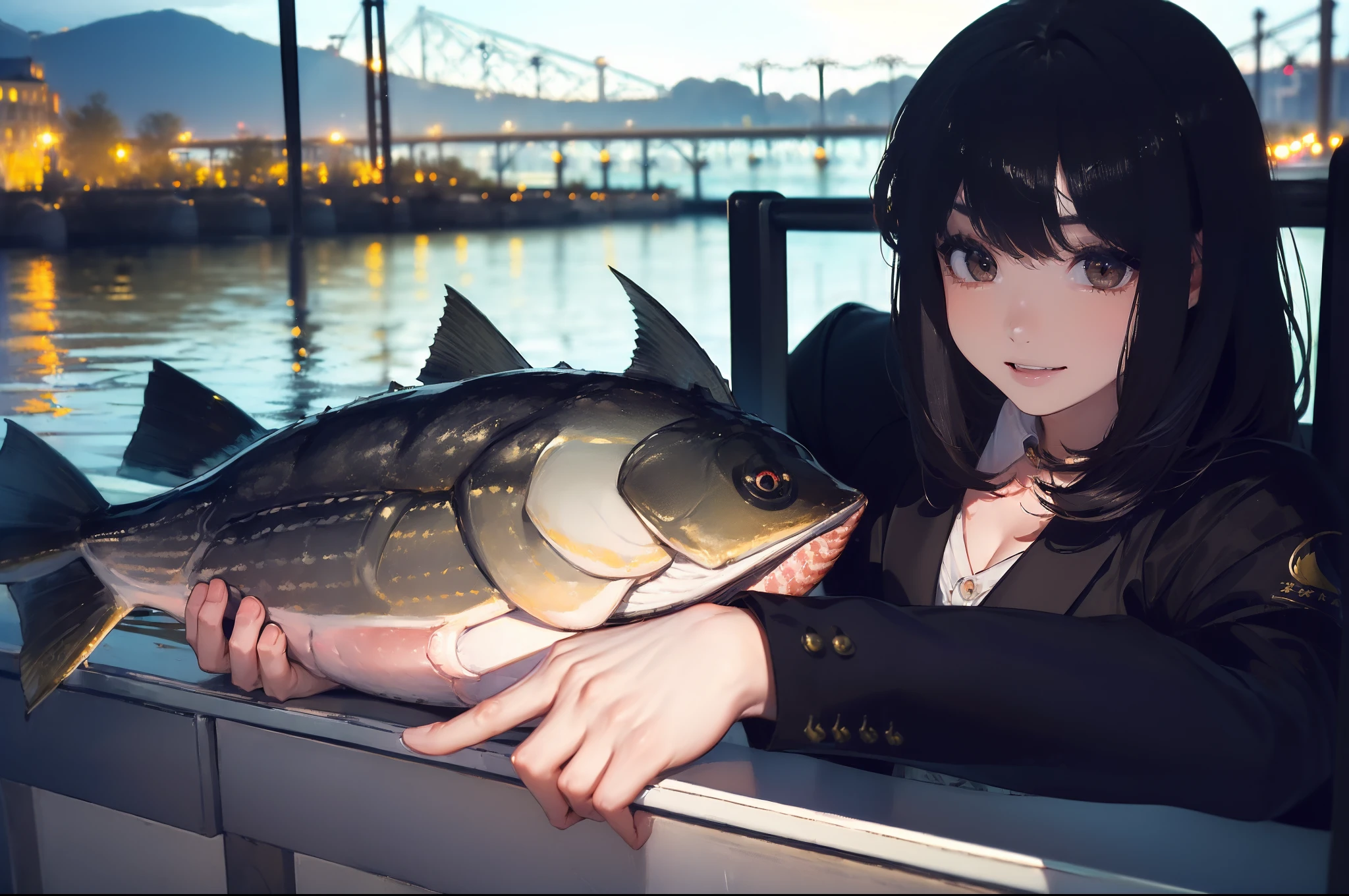 ((((Catch a big black bass by the lakeside:1.5)))),((1 Female 22 years old))((Best Quality, masterpiece :1.5)),(((Hands with the correct number and structure of fingers:1.4))),hight resolution,ultra-detailliert,masterpiece,best qualtiy,,Black hair, long eyeslashes, Solid Circle Eyes, Smiling Woman, drop shadow, Atmospheric perspective,Super Detail, ccurate, small brest,(Black jacket :1.1),top-quality, blurry backround, bokeh dof:1.2, (masterpiece:1.3), Atmospheric perspective,Super Detail,dynamic compositions