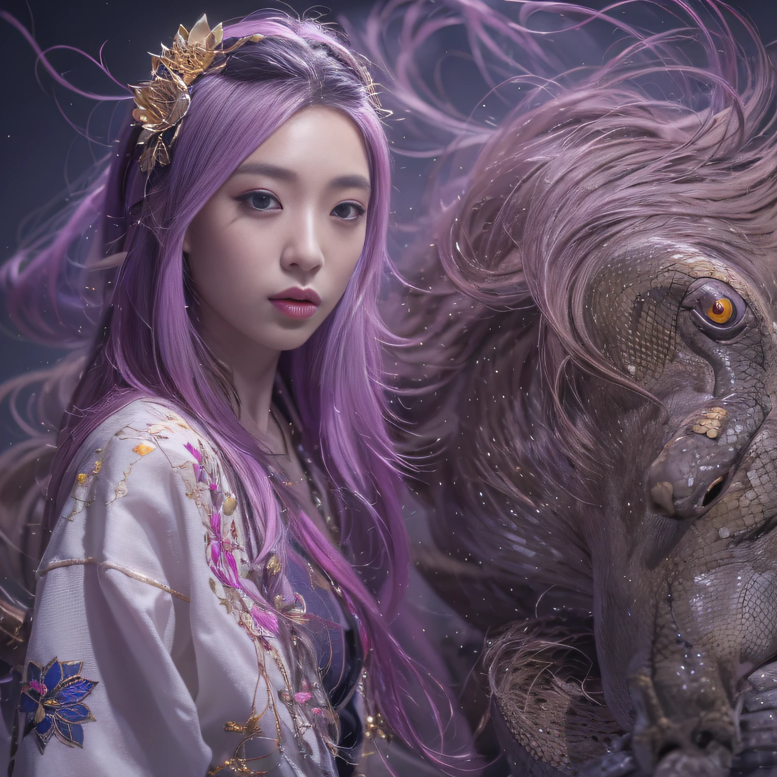 32K（tmasterpiece，k hd，hyper HD，32K）Long flowing purple-pink hair，Autumn pond，zydink， a color，  Asian people （Silly girl）， （Silk scarf）， Combat posture， looking at the ground， long whitr hair， Floating hair， Python headdress， Chinese long-sleeved clothing， （abstract ink splash：1.2）， white backgrounid，Lotus protector（realisticlying：1.4），Purple-pink color hair，Smoke and rain，The background is pure， A high resolution， the detail， RAW photogr， Sharp Re， Nikon D850 Film Stock Photo by Jefferies Lee 4 Kodak Portra 400 Camera F1.6 shots, Rich colors, ultra-realistic vivid textures, Dramatic lighting, Unreal Engine Art Station Trend, cinestir 800，Long flowing purple pink hair