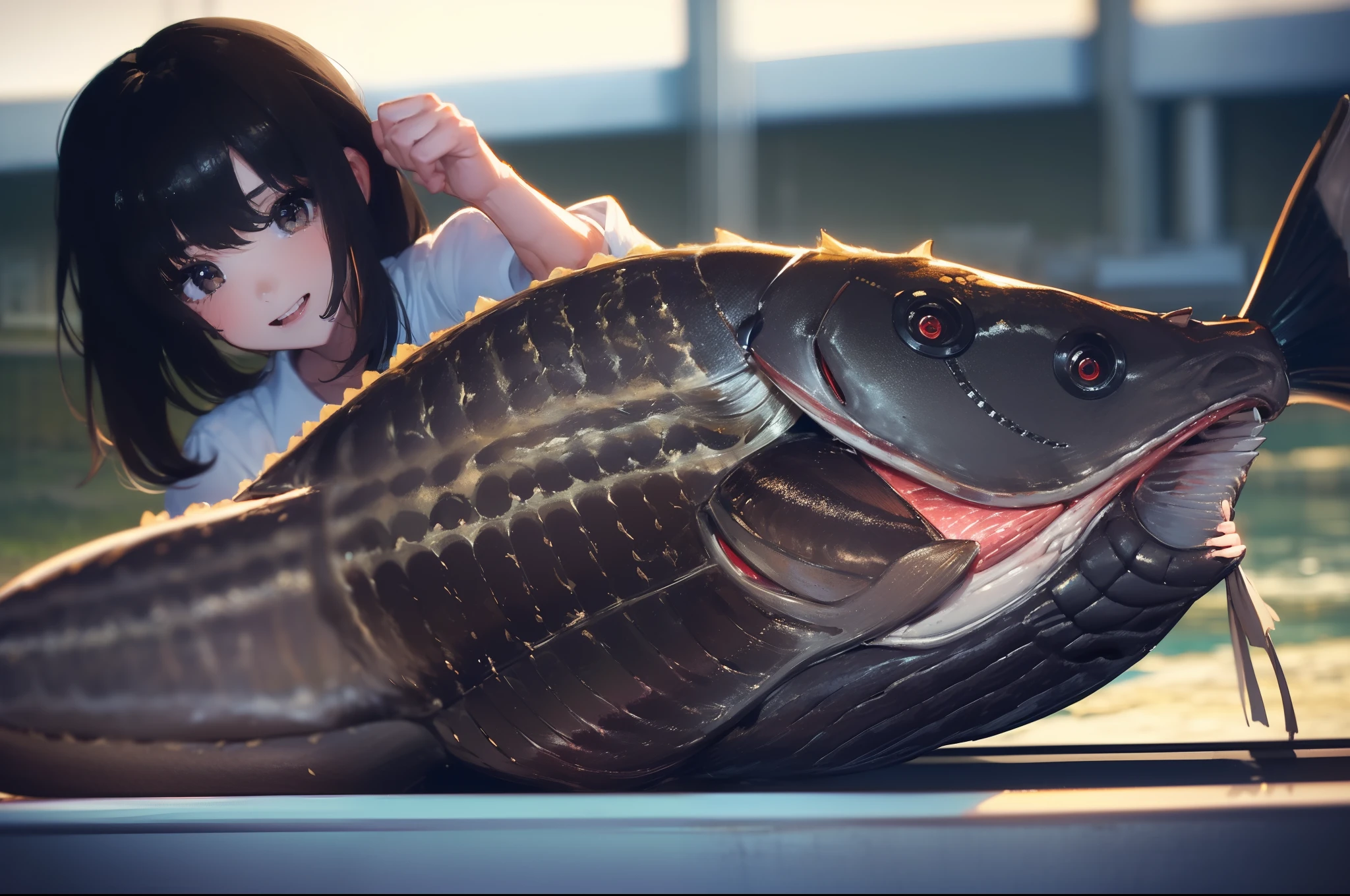 ((((Catch a big black bass by the lakeside:1.5)))),((1 Female 22 years old))((Best Quality, masterpiece :1.5)),(((Hands with the correct number and structure of fingers:1.4))),hight resolution,ultra-detailliert,masterpiece,best qualtiy,,Black hair, long eyeslashes, Solid Circle Eyes, Smiling Woman, drop shadow, Atmospheric perspective,Super Detail, ccurate, small brest,(Black jacket :1.1),top-quality, blurry backround, bokeh dof:1.2, (masterpiece:1.3), Atmospheric perspective,Super Detail,dynamic compositions