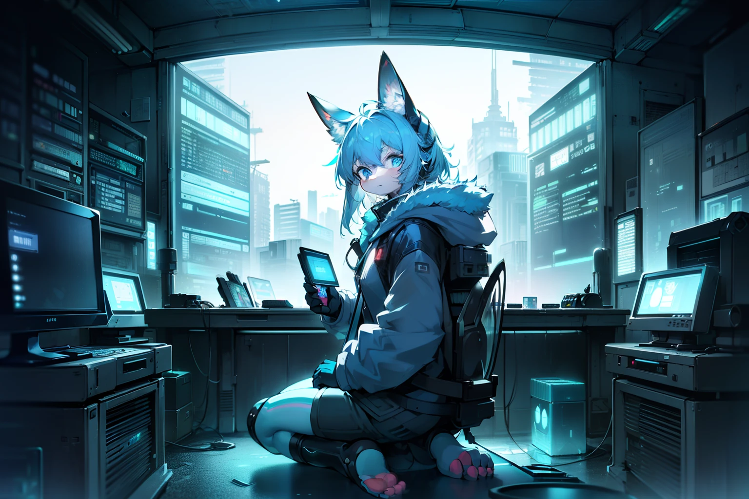 crt cel animated screencap of a still from an animated 1980s masamume shirow anime about a cyberpunk anthro kemono furry blue rabbit girl who patrols the streets with a technokatana looking for criminal robots, (blame! style abandoned tech landscape), (Zen, Amy Sol style), (((beats to relax/study to))), (((Lofi anthro kemono blue-furred rabbit girl in power armor sitting in metal chair behind computer terminal, behind giant glass terminal screen, beats to relax/study to))), (((blue kemono beastars furry rabbit anime hacker with small soft furry paws))), (((suspended glass cyberpunk computer terminals with robot rabbit in background))), ((glowing cyberdeck screens)), (underground, dark, foggy, perilous, abandoned dystopian apartment bedroom, deep windows), (abstract anthro rabbit figure wearing bunny ears), cover art with light abstraction, abstract, simple vector art, contemporary Cybernetic art, color gradients, soft color palettes, layered forms, whimsical animation, style Ethereal abstract, 4K, --v6