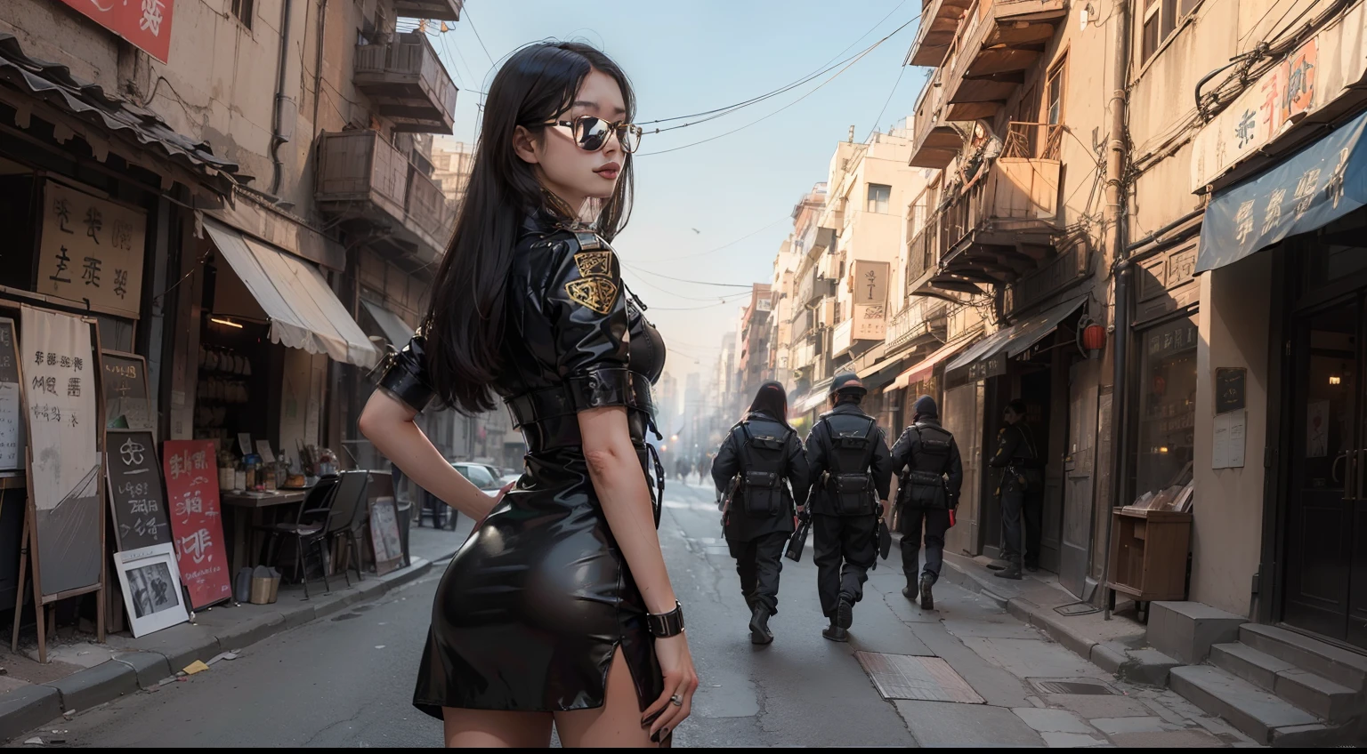 ​masterpiece、８K、Two girls、14years、NSFW、slim figure、Smaller chest、being thin、Pubic hair shows through、Exposing your naked body、fullnude、In the street、Large crowds、FULL BODYSHOT、Surrounded by several policemen、arrested、police、shoes、Cosplay of a powered suit with both arms and legs、GANTZ Suit、Handgun、Leg holster