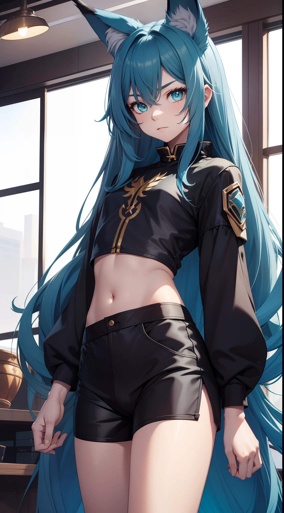young boy, long blue hair, Fox ears, Green eyes, black skintight clothes, Shorts, open belly, Masterpiece, hiquality