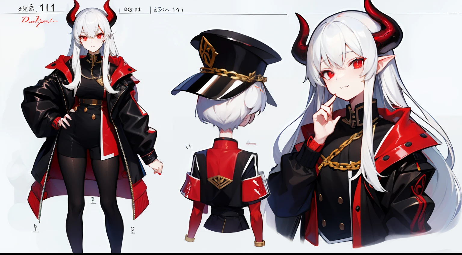 tmasterpiece,Need,1 Female demon,A high resolution,bleeding from the corners of her mouth,hoang lap,Fang,tiny horns,Collar,large chain,Black all over,Oversized baseball uniform jacket,(ultradetailed:1.1025),(illustratio:1.1025),(infography:1.1025),Patent drawings,Physical measurement,(All clothing requirements:1.1025),papelaria, (独奏:1.1025),standing on your feet,Have a cohesive background,5 fingers in the hand,fittings:Red rope chain,character sheets,black in color, blanche, Red tones