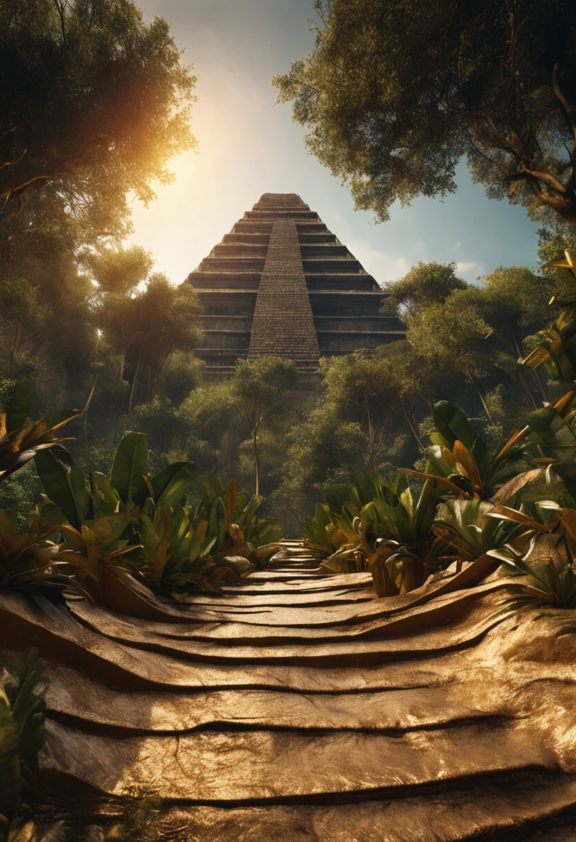 El Dourado, The lost city seen among the trees of a dense forest, a large pyramid of gold seen from afar among the trees of a closed forest shining with sunlight, fotografia realista.