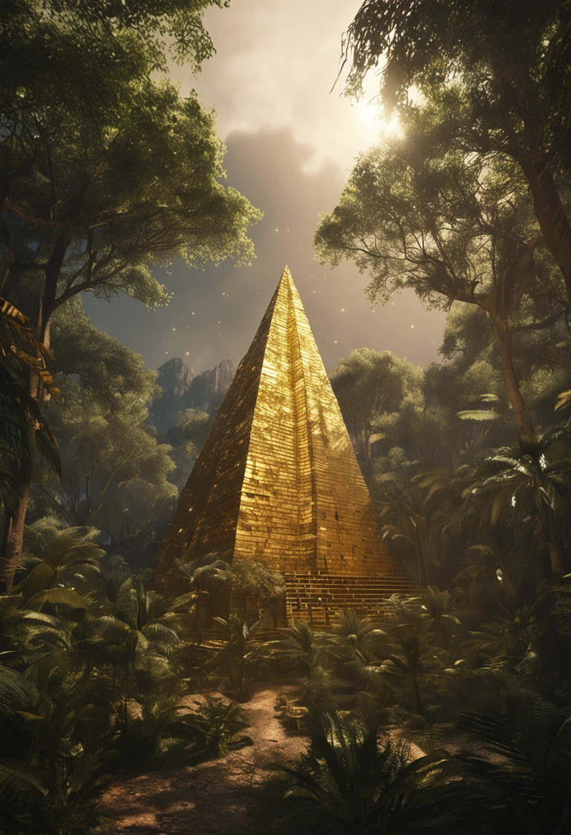El Dourado, The lost city seen among the trees of a dense forest, a large pyramid of gold seen from afar among the trees of a closed forest shining with sunlight, fotografia realista.