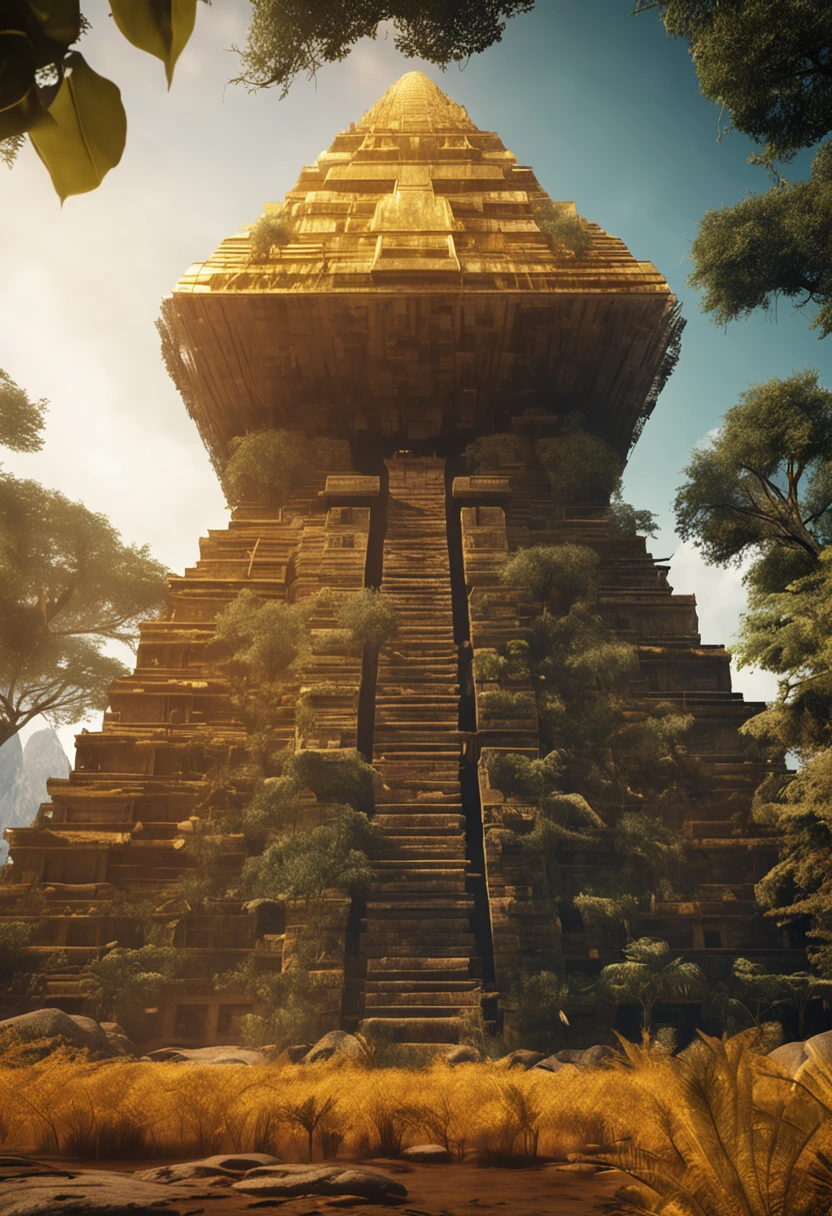 El Dourado, The lost city seen among the trees of a dense forest, a large pyramid of gold seen from afar among the trees of a closed forest shining with sunlight, fotografia realista.