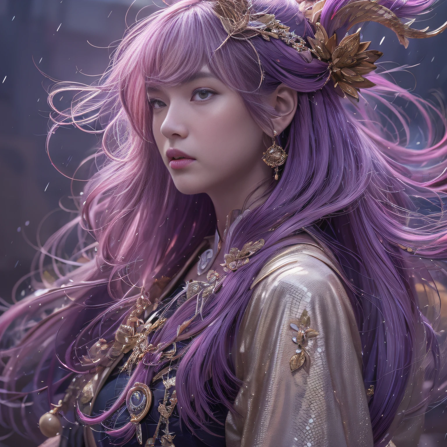 32K(tmasterpiece,k hd,hyper HD,32K)Long flowing purple-pink hair,Autumn pond,zydink, a color, Asian people (Silly girl), (Silk scarf), Combat posture, looking at the ground, long whitr hair, Floating hair, Python headdress, Chinese long-sleeved clothing, (abstract ink splash:1.2), white backgrounid,Lotus protector(realisticlying:1.4),Purple-pink color hair,Smoke and rain,The background is pure, A high resolution, the detail, RAW photogr, Sharp Re, Nikon D850 Film Stock Photo by Jefferies Lee 4 Kodak Portra 400 Camera F1.6 shots, Rich colors, ultra-realistic vivid textures, Dramatic lighting, Unreal Engine Art Station Trend, cinestir 800,Long flowing purple pink hair