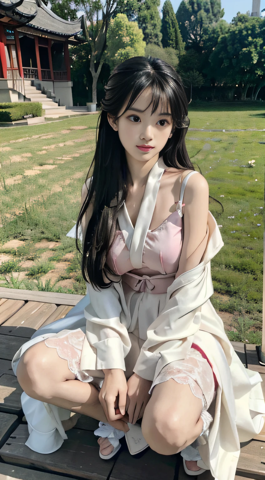 Master quality, highest quality, best picture quality, exaggerated details, a cute 8 year old asian with a shy expression, slightly squinted eyes, adjusting her hair, long eyelashes (long hair / very, very exaggerated big breasts, big tits / in petticoat dress tissue, ), posing sit in front of the camera, wet breast hanfu, slim and tall waist, silk lace, xintong chen, with open v hafu acient chinese clothes, detail breast , detail cheast