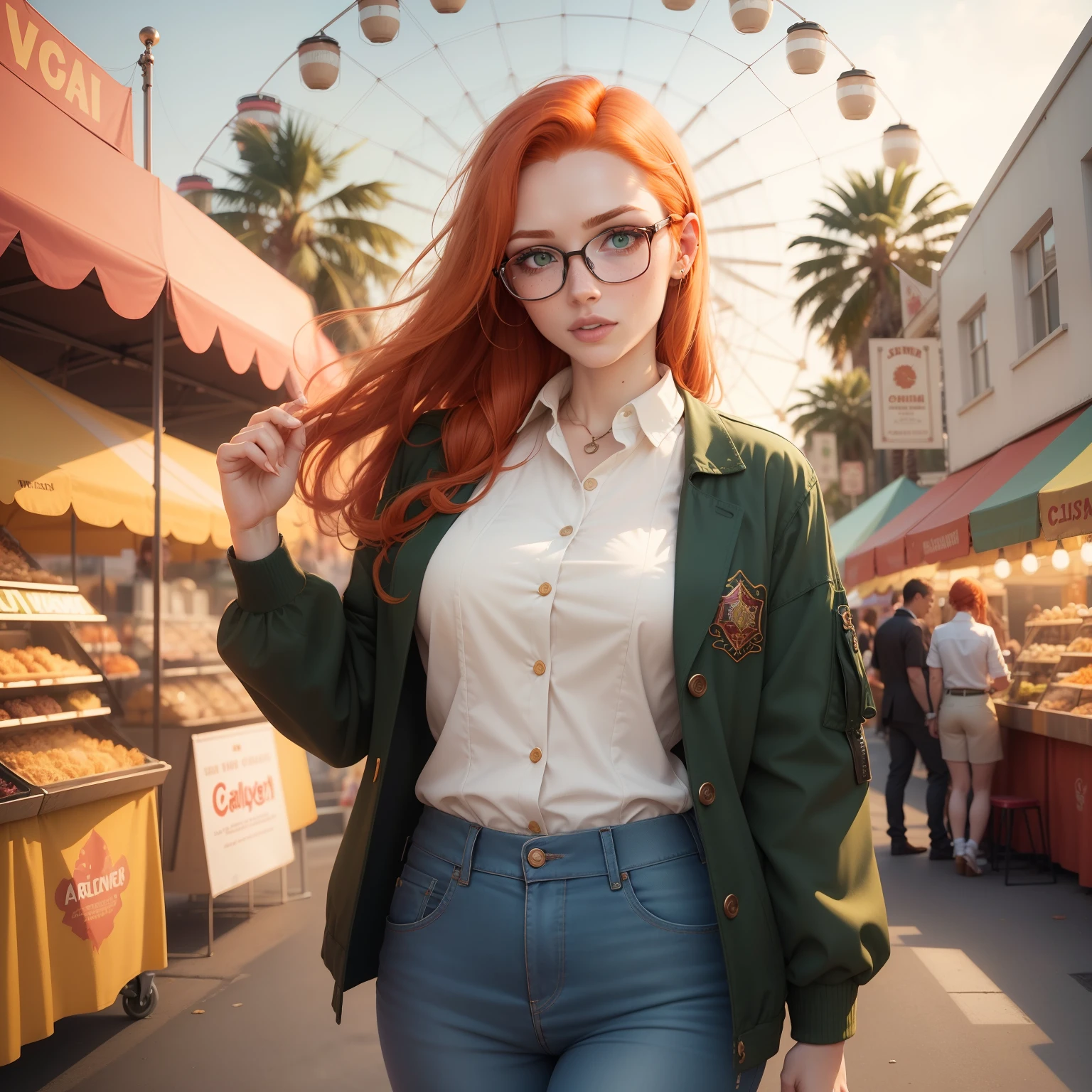 A very good looking 28 year old ginger haired female with large green eyes, glasses and heavily freckled pale skin. Carnival. Ferris wheel. Festival. Bright. Colourful. Fully clothed. Nice clothing. Petite. collared shirt. Jacket. Slim. Narrow hips