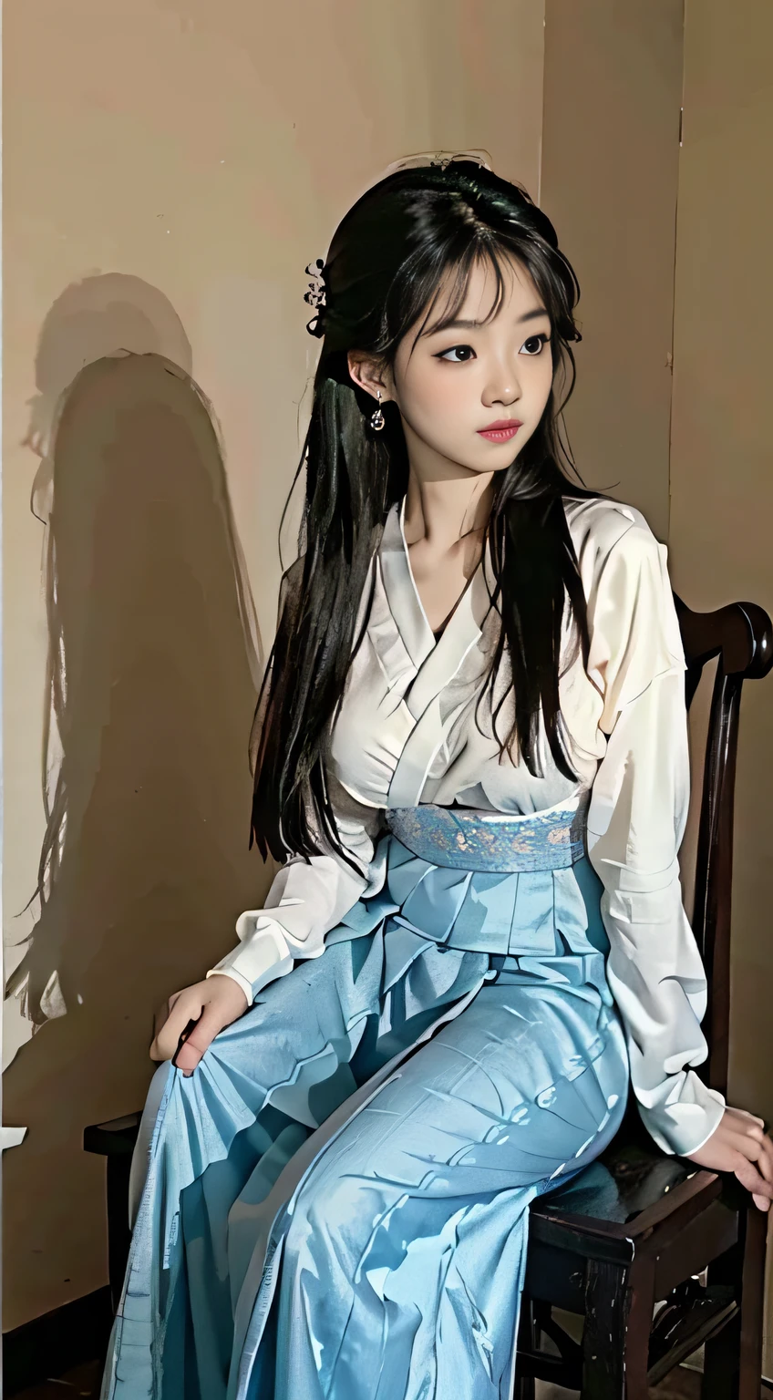 Master quality, highest quality, best picture quality, exaggerated details, a cute 8 year old asian with a shy expression, slightly squinted eyes, adjusting her hair, long eyelashes (long hair / very, very exaggerated big breasts, big tits / in petticoat dress tissue, ), posing sit in front of the camera, wet breast hanfu, slim and tall waist, silk lace, xintong chen, with open v hafu acient chinese clothes, detail breast , detail cheast
