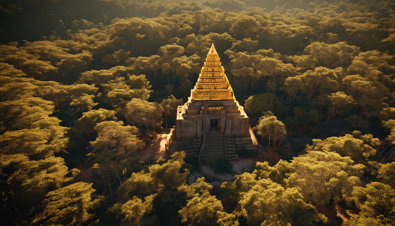 El Dourado, The lost city seen among the trees of a dense forest, uma grande piramide dourada brilhando com a luz do sol, fotografia realista.