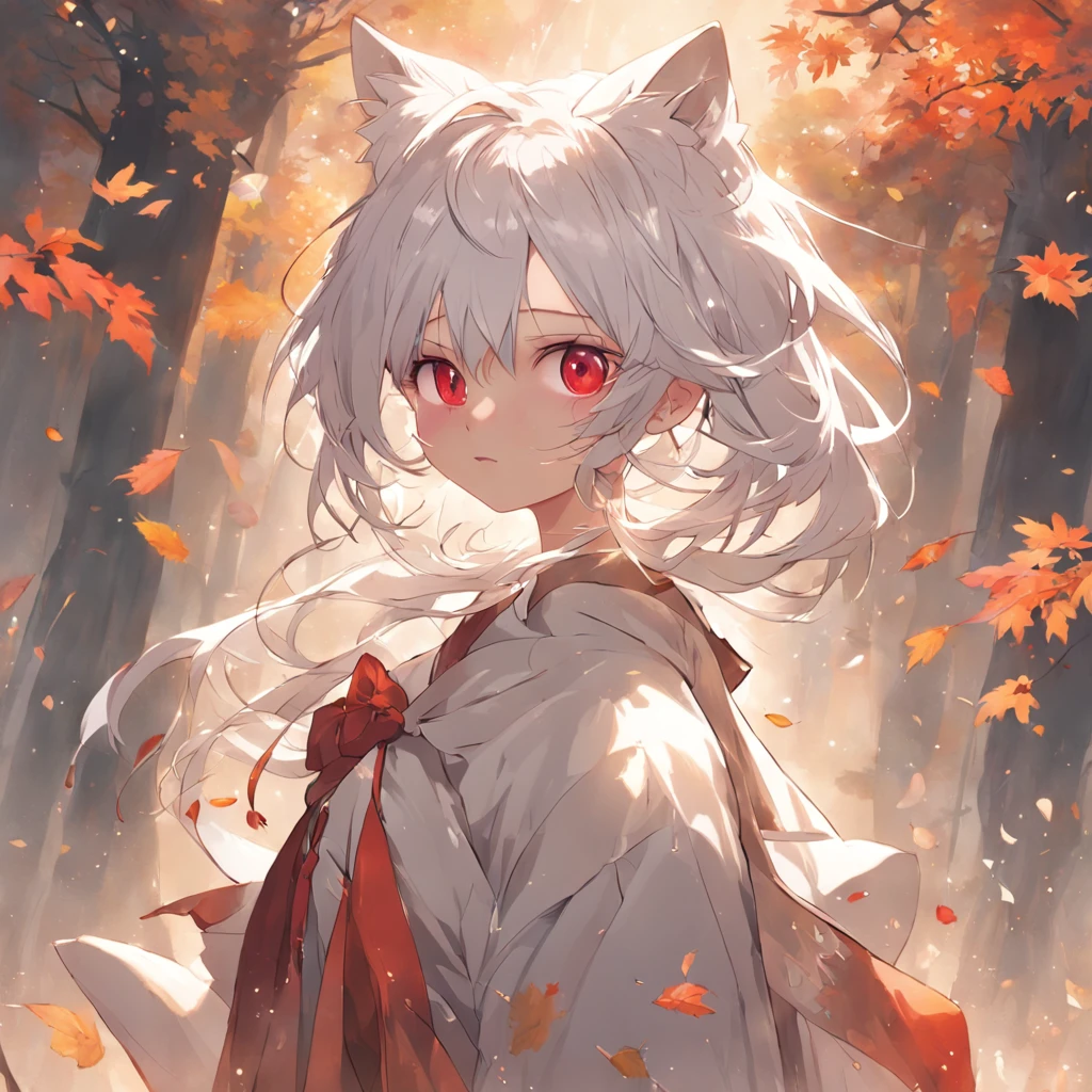 shiny white hair、Neutral face、Red eyes、Rich in color、Beautie、Wearing modern white clothes、well-styled、小柄、Super beautiful、high-level image quality、4K、8K、Round ears like tanuki are visible、In the wilderness、autumnal、Colored leaves、Full body like、Being under a tree with autumn leaves、The whole body is shown、Beautiful legs、Wearing zori shoes