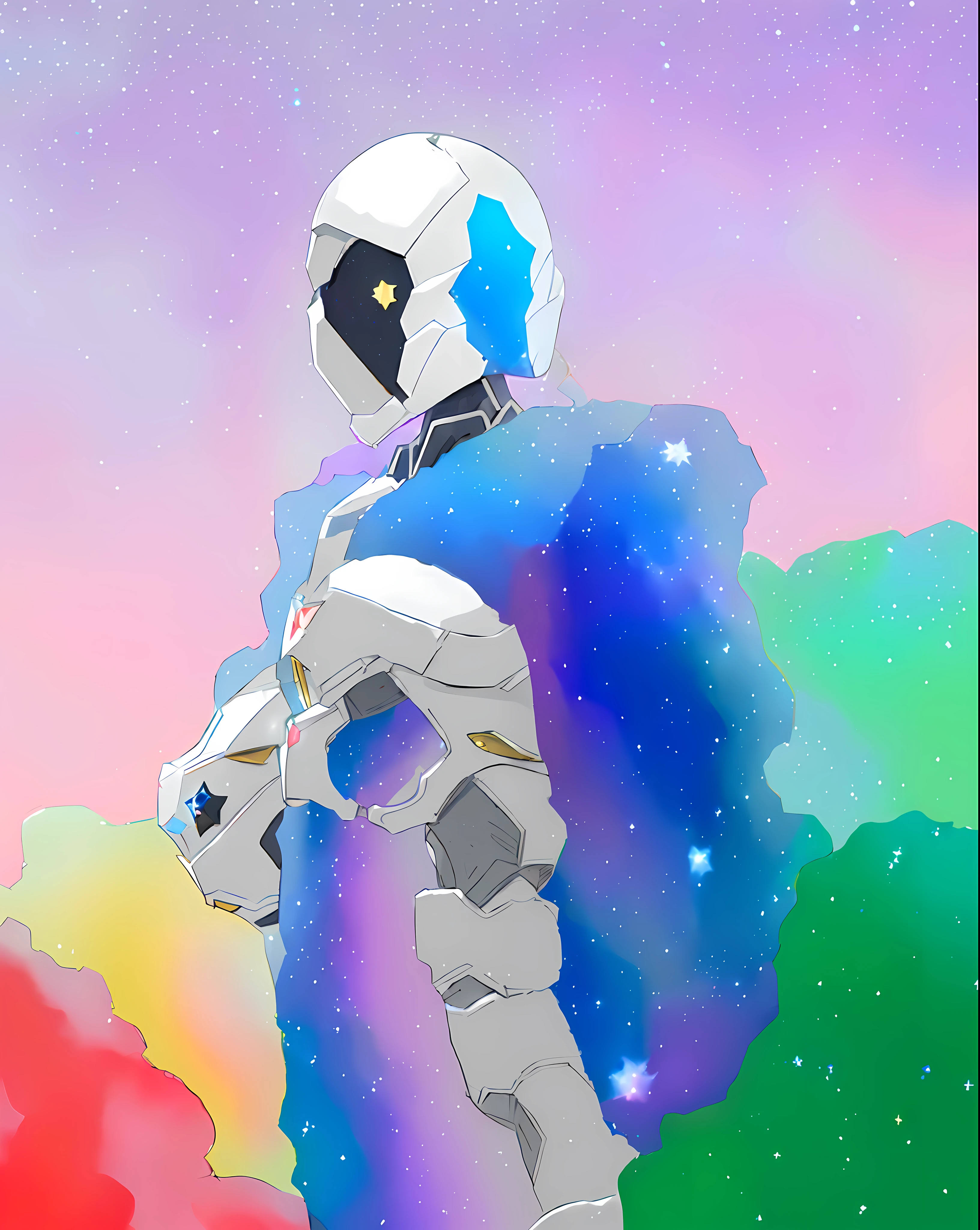 Superhero mecha (faceless:1.5) anime goddess wearing star armor, star boss, blue, white background, red,(black and white:1.5), artwork, (masterpiece:1.3) , (starry:1.3) background, cloudy and misty gradient background